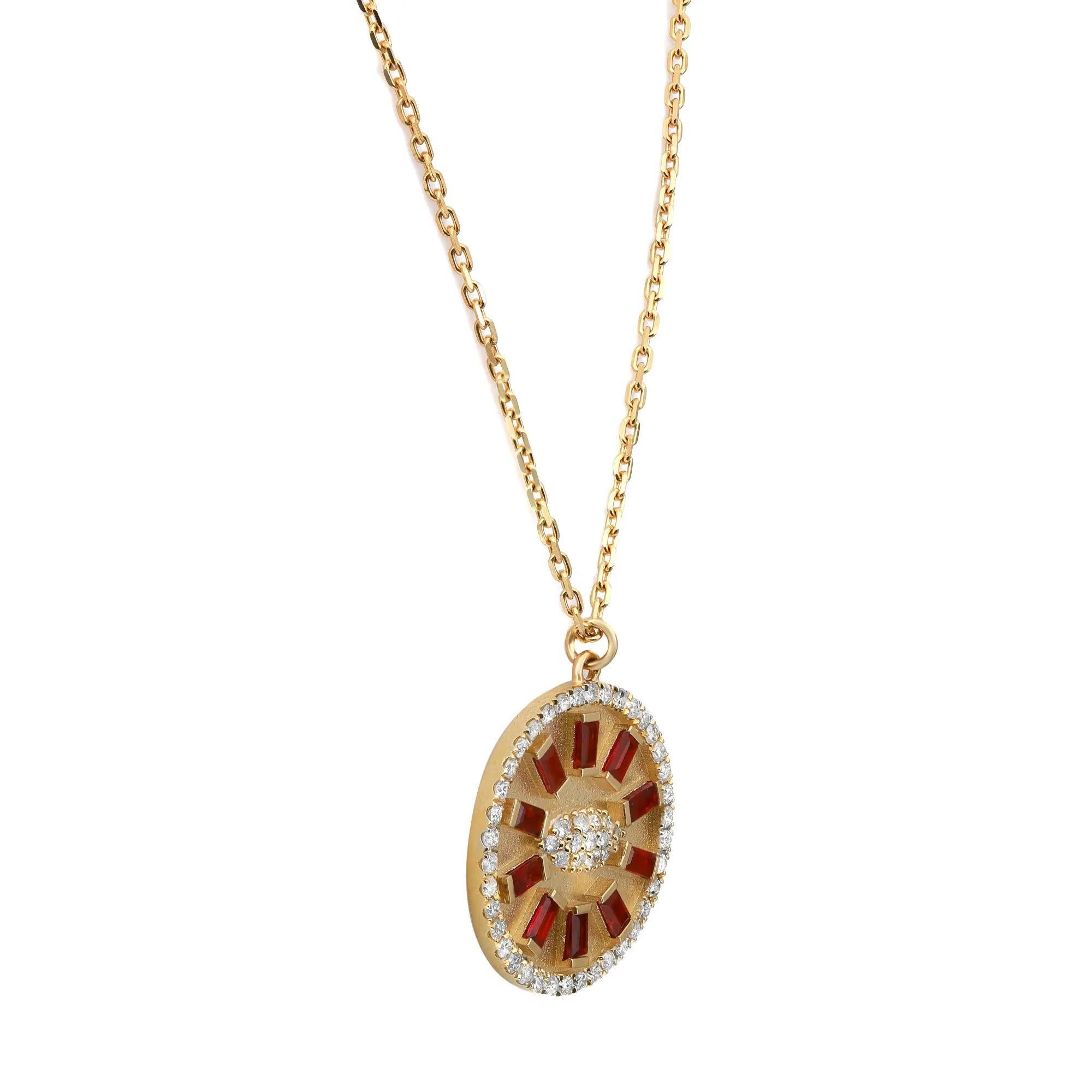 Fabulous and chic, this dazzling diamond and ruby pendant necklace is a standout addition to your everyday and evening looks. This piece gives a touch of elegance to any ensemble you pair it with. Features 10 half bezel set baguette cut rubies