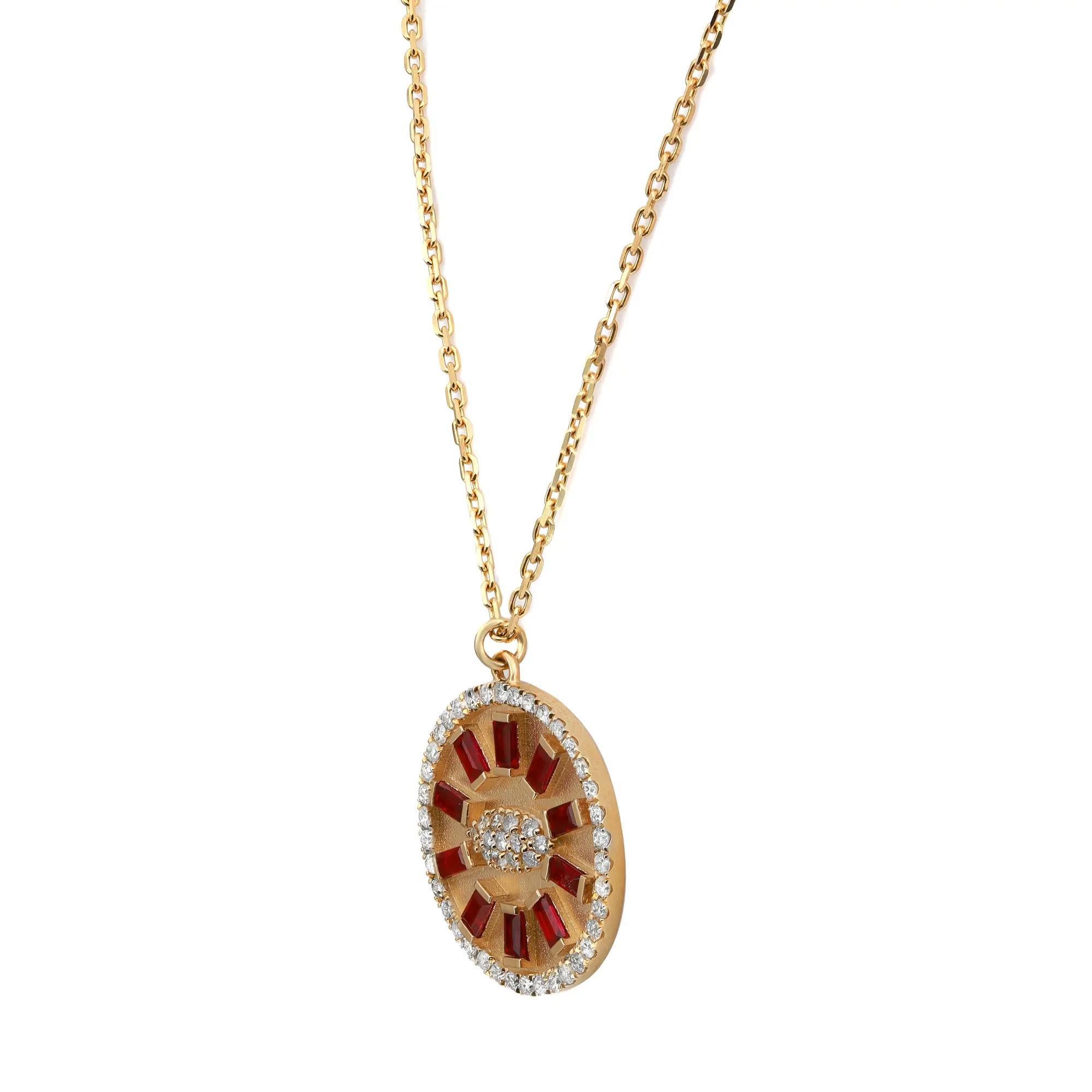 Modern Diamond & Ruby Evil Eye Pendant Necklace In 14K Yellow Gold For Sale