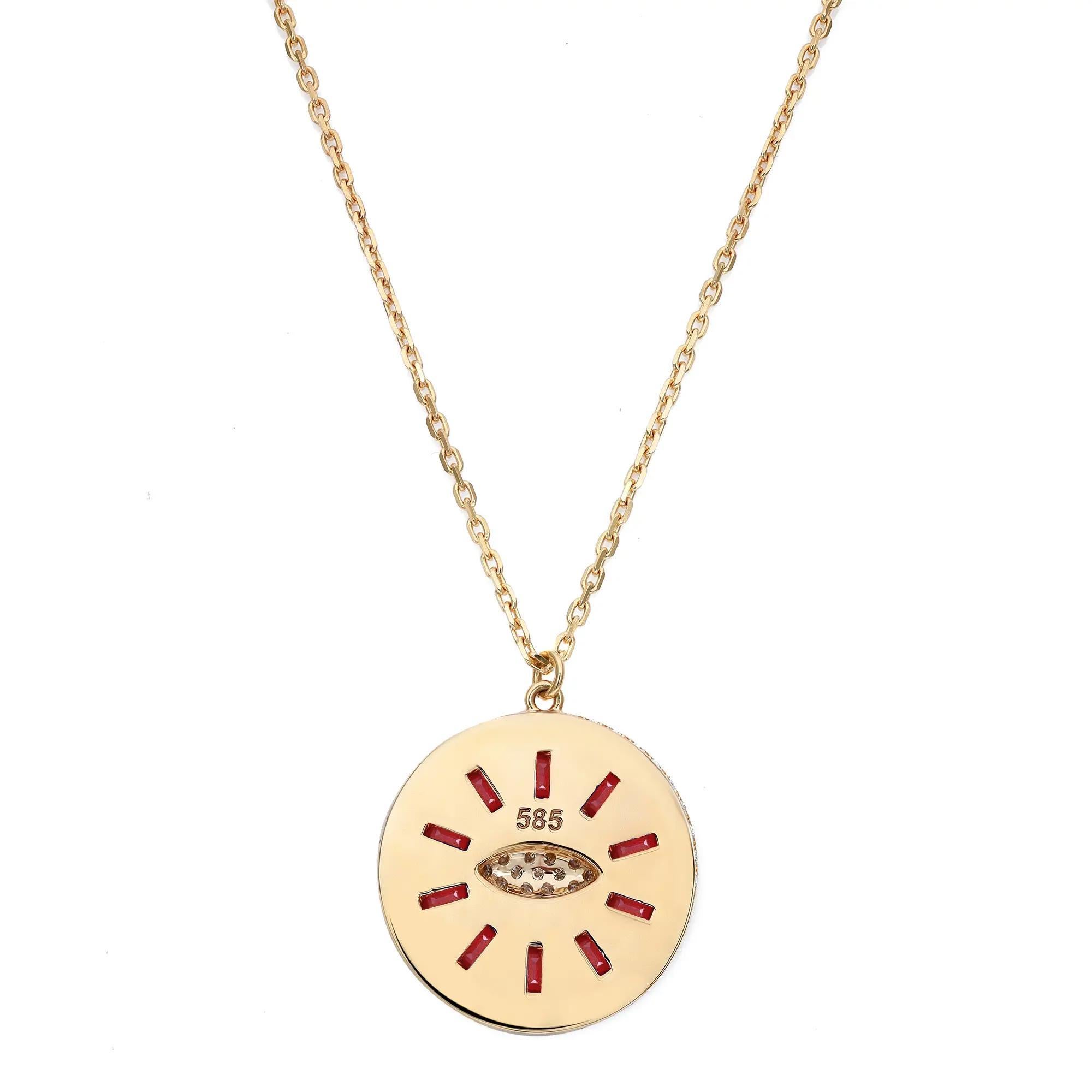 Baguette Cut Diamond & Ruby Evil Eye Pendant Necklace In 14K Yellow Gold For Sale