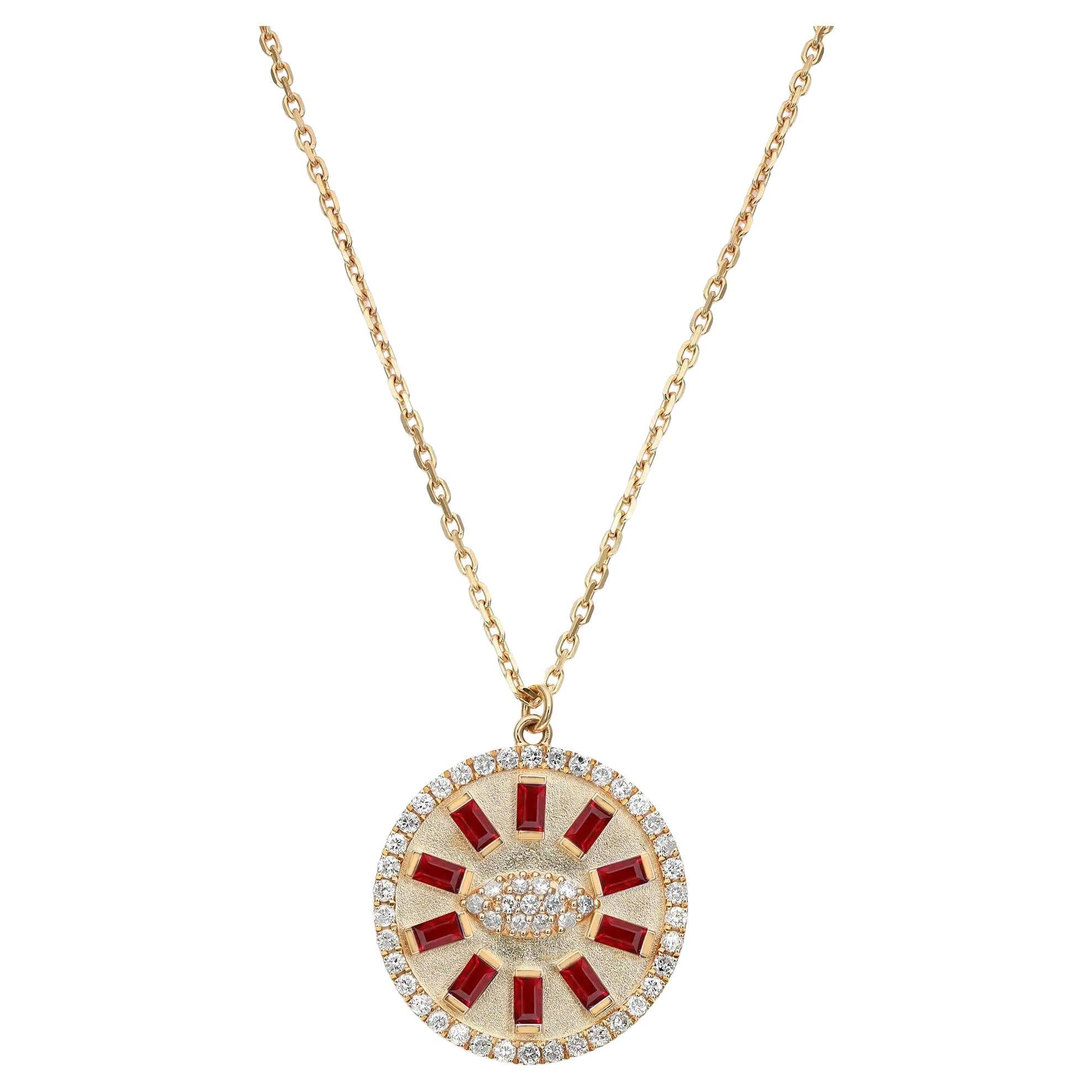 Diamond & Ruby Evil Eye Pendant Necklace In 14K Yellow Gold For Sale