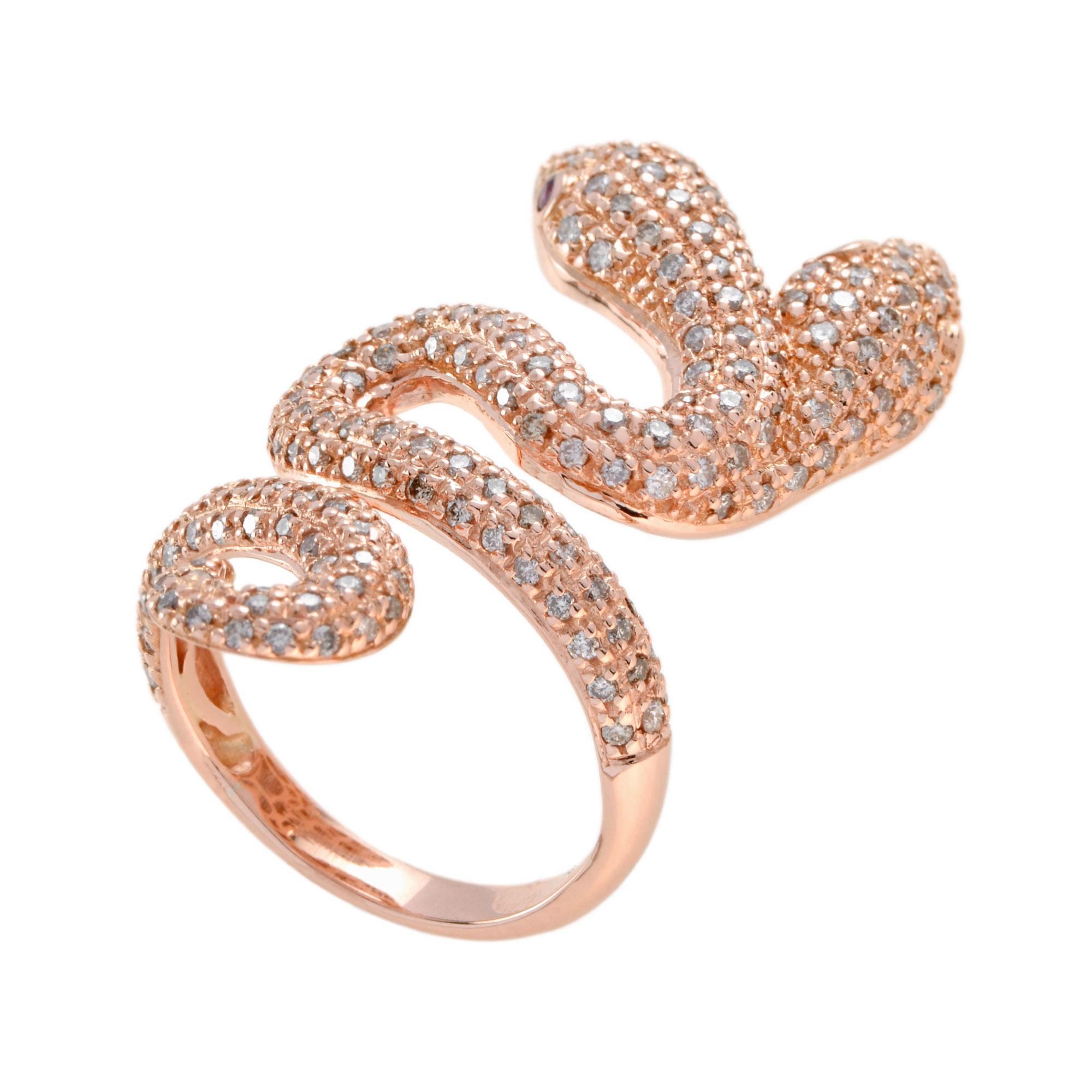 Taglio rotondo Diamond & Ruby Eye Pave Set Double Headed Snake 18K Rose Gold Ring in vendita