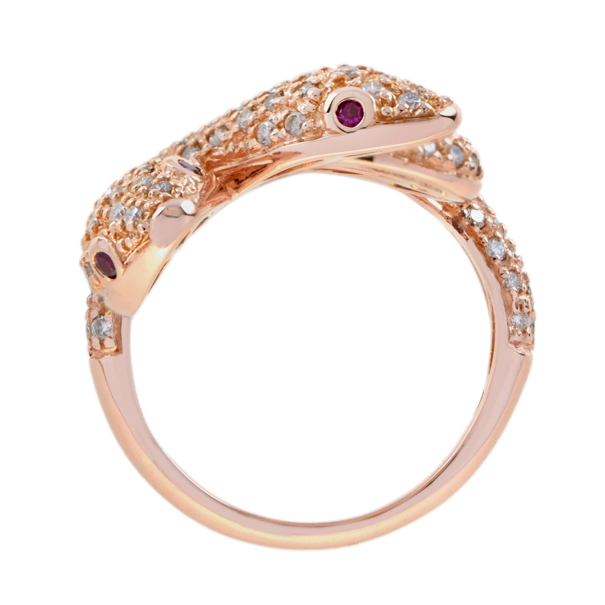 Diamond & Ruby Eye Pave Set Double Headed Snake 18K Rose Gold Ring In condizioni Nuovo in vendita a Oakton, VA