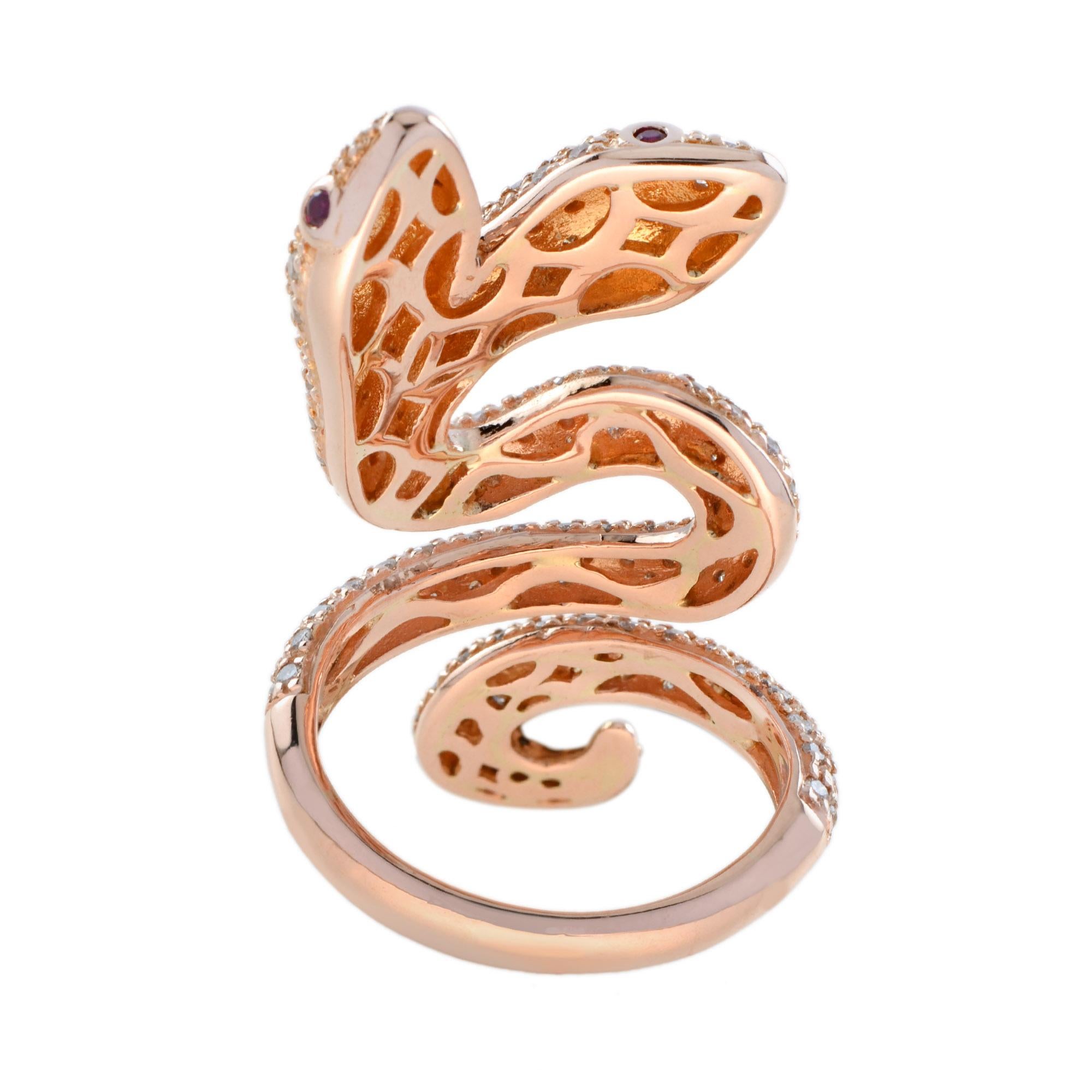 Donna Diamond & Ruby Eye Pave Set Double Headed Snake 18K Rose Gold Ring in vendita