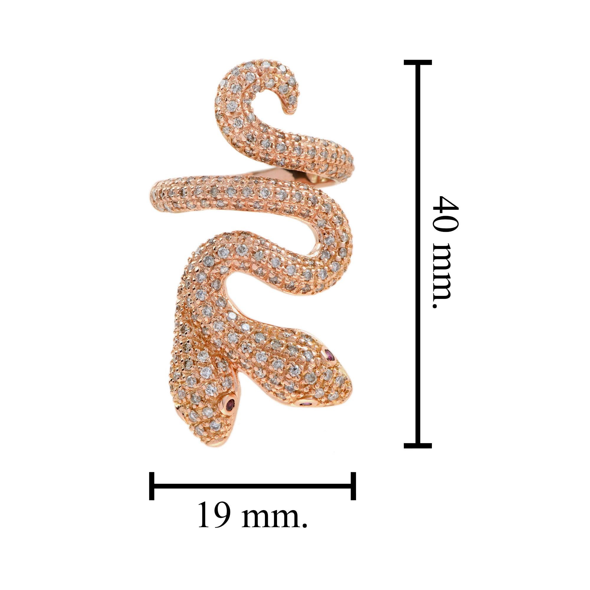 Diamond & Ruby Eye Pave Set Double Headed Snake 18K Rose Gold Ring in vendita 1