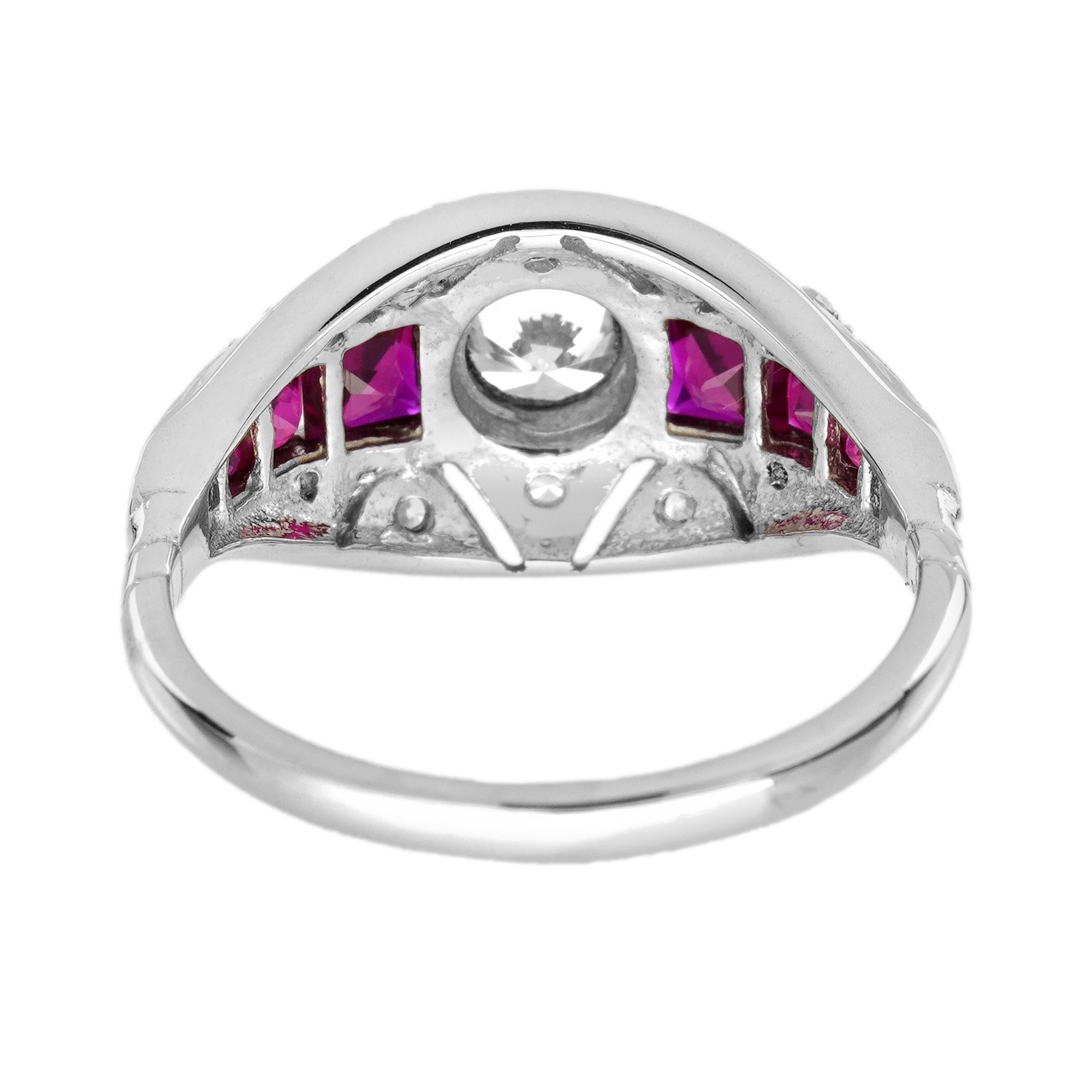 Anillo de oro blanco de Bombay de diamantes y rubíes talla fantasía inspirado en la época Art Decó Corte redondo en venta