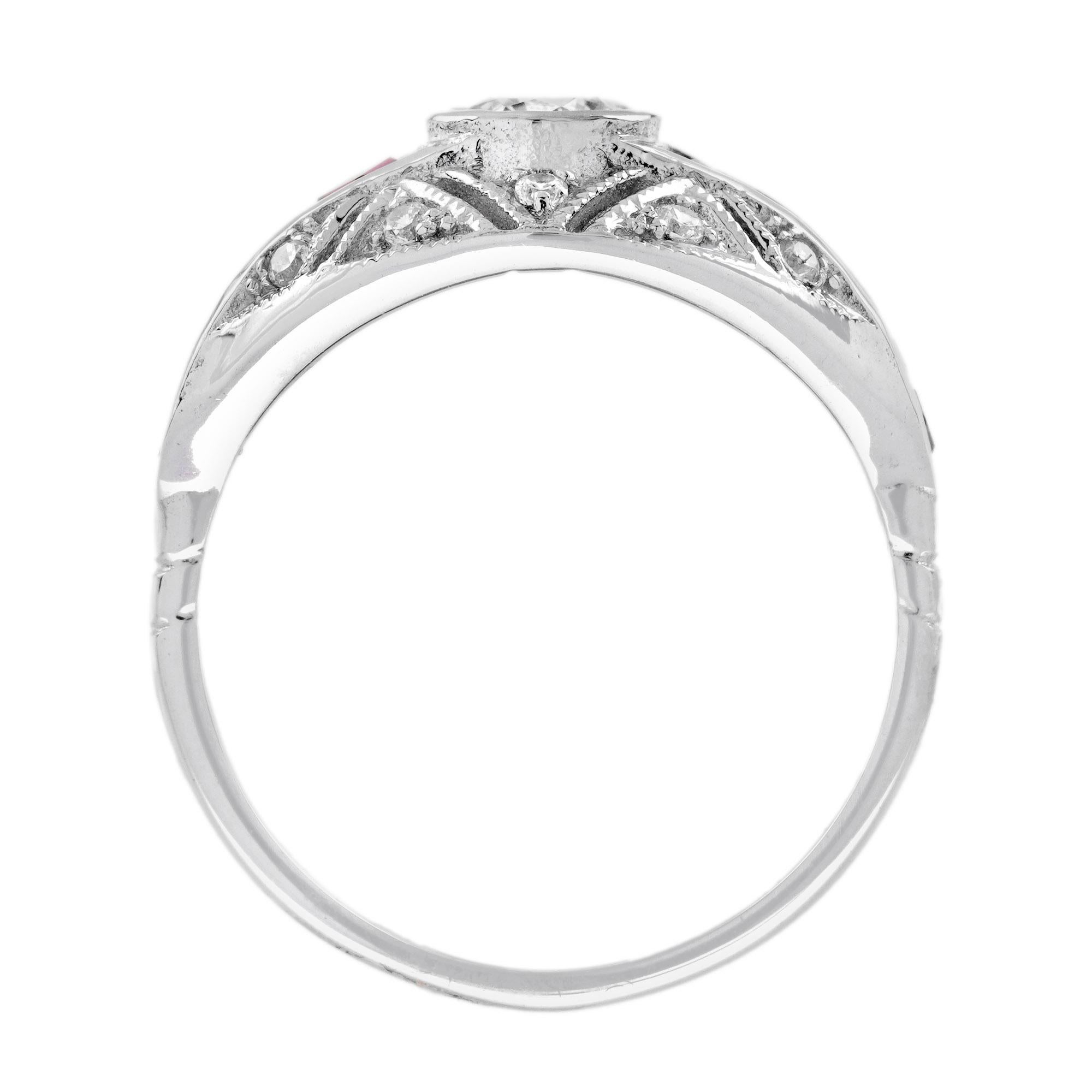 Anillo de oro blanco de Bombay de diamantes y rubíes talla fantasía inspirado en la época Art Decó en Nuevo estado para la venta en Oakton, VA