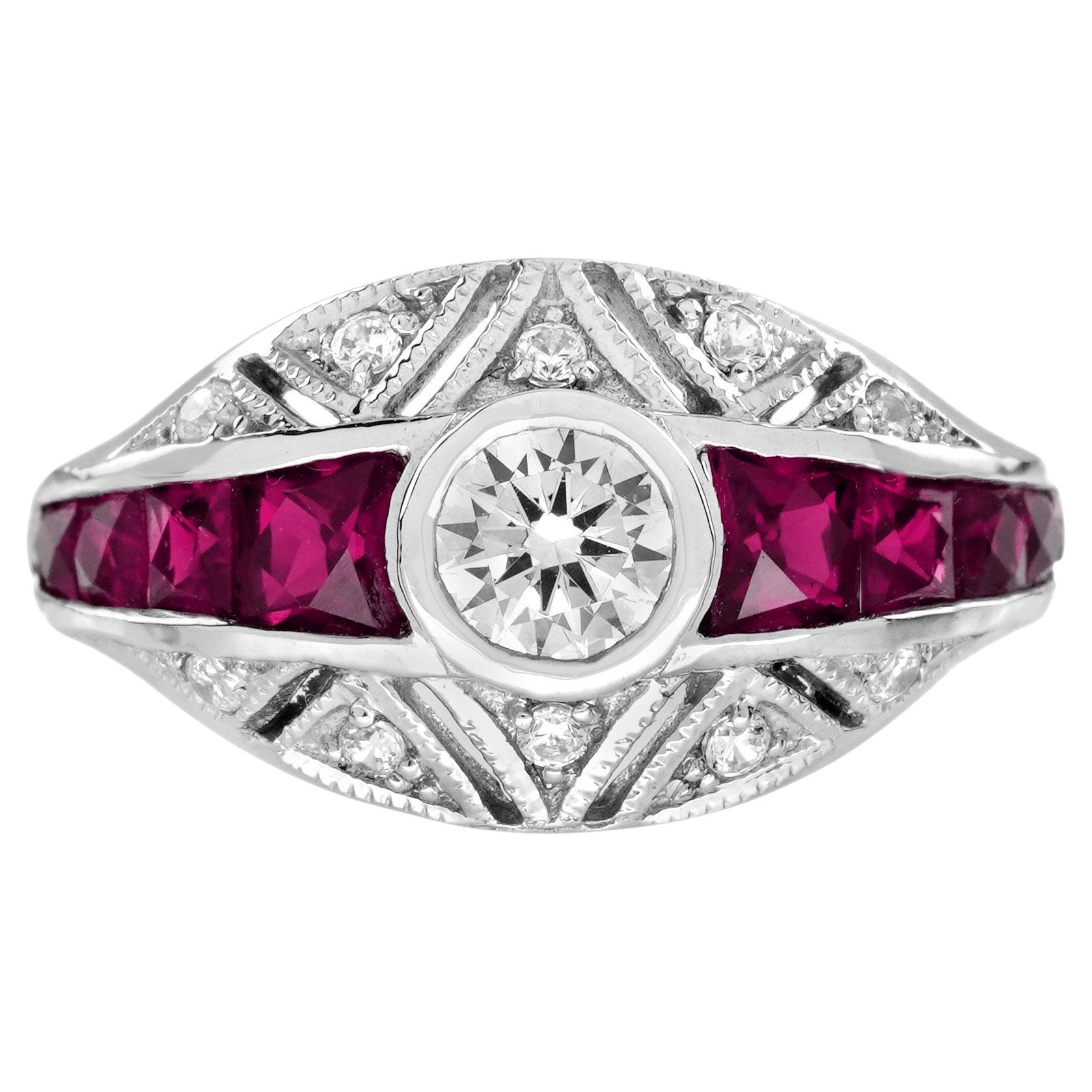 Bague en or blanc Bombay diamant et rubis taille fantaisie d'inspiration vintage Art of Vintage