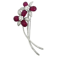 Diamond Ruby Floral 18 Karat White Gold Vintage Brooch
