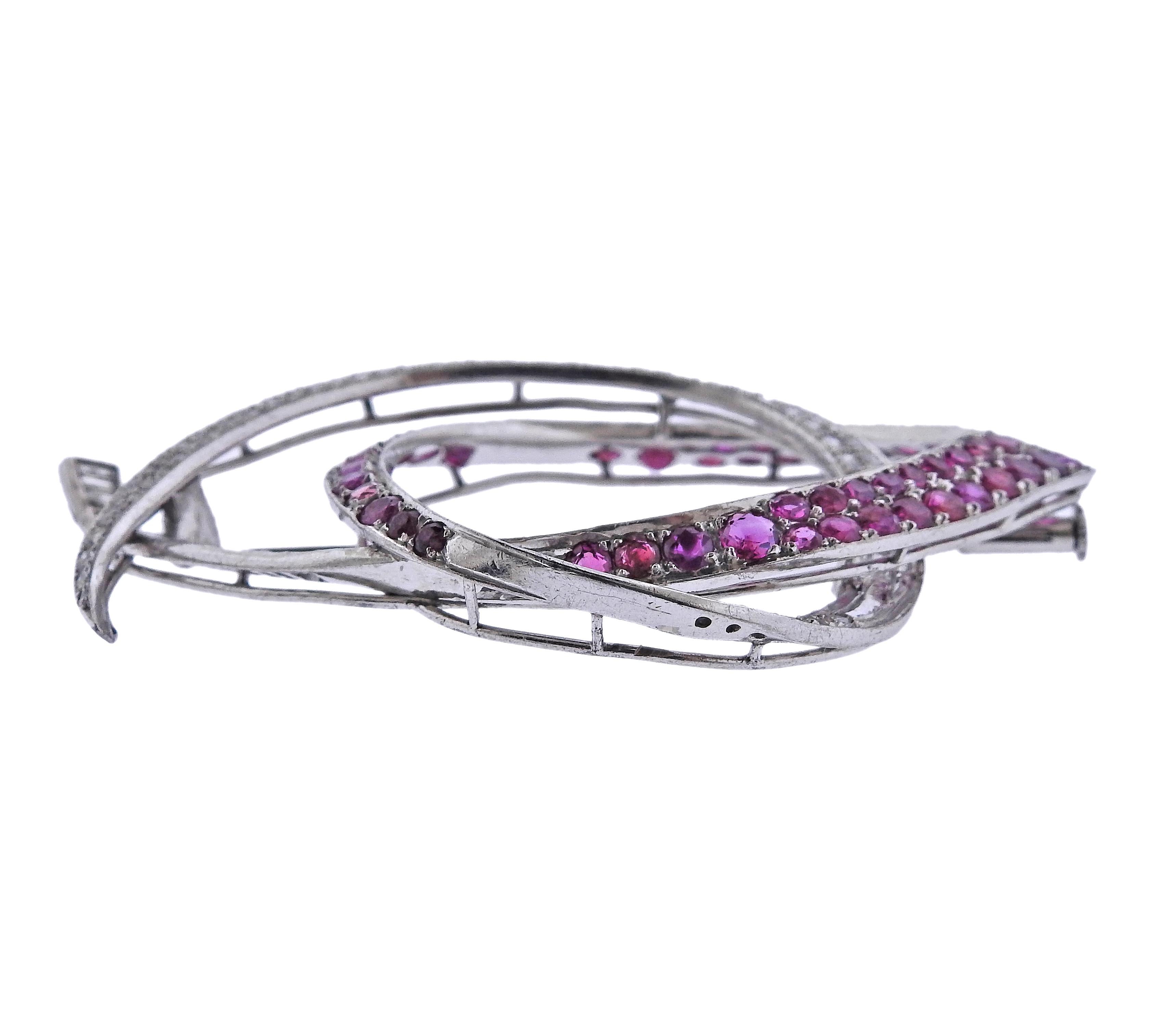 Round Cut Diamond Ruby Gold Fish Brooch Pin For Sale