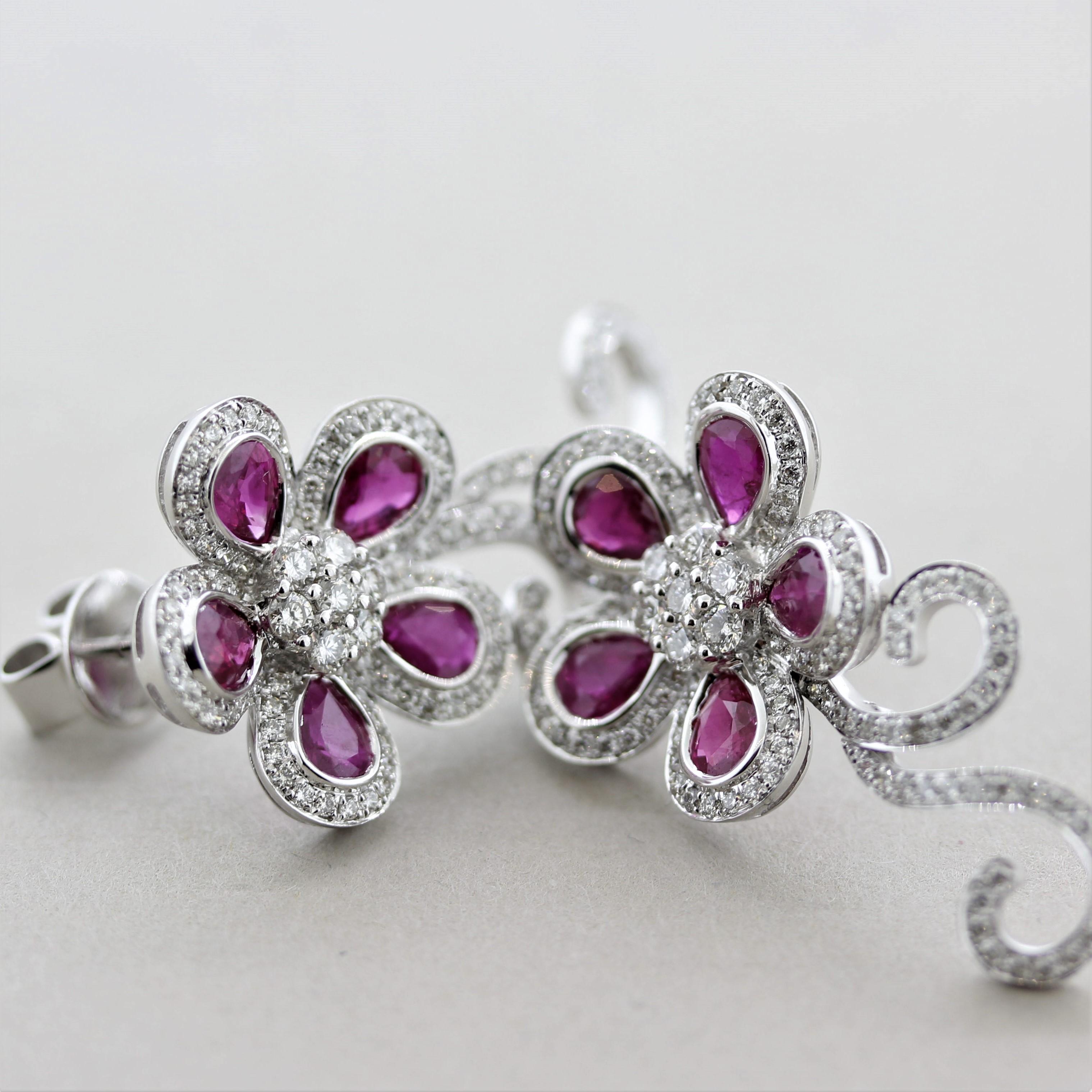 Women's Diamond Ruby Gold Floral Earrings For Sale