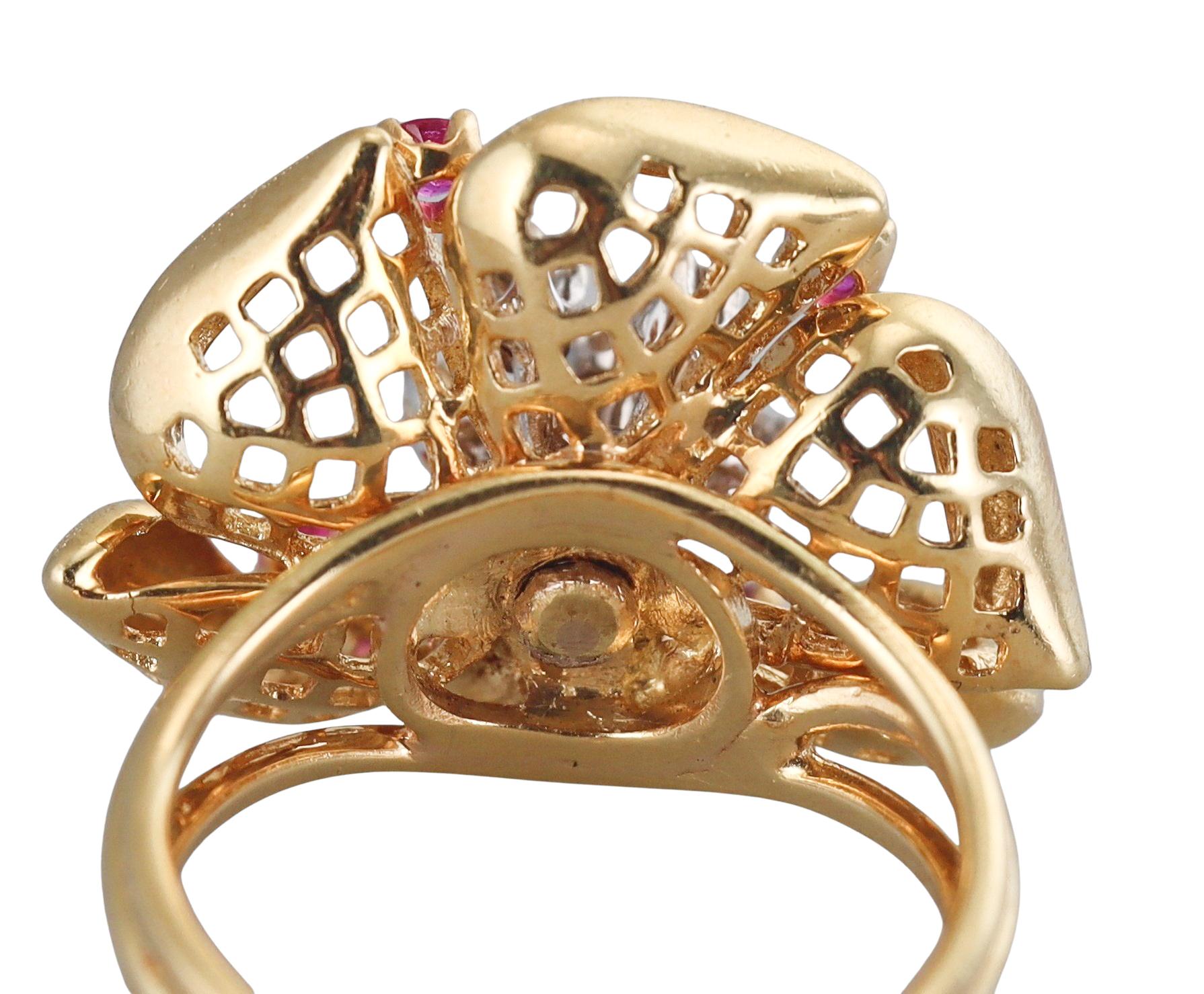 Diamant-Rubin-Gold-Blumenring Damen im Angebot