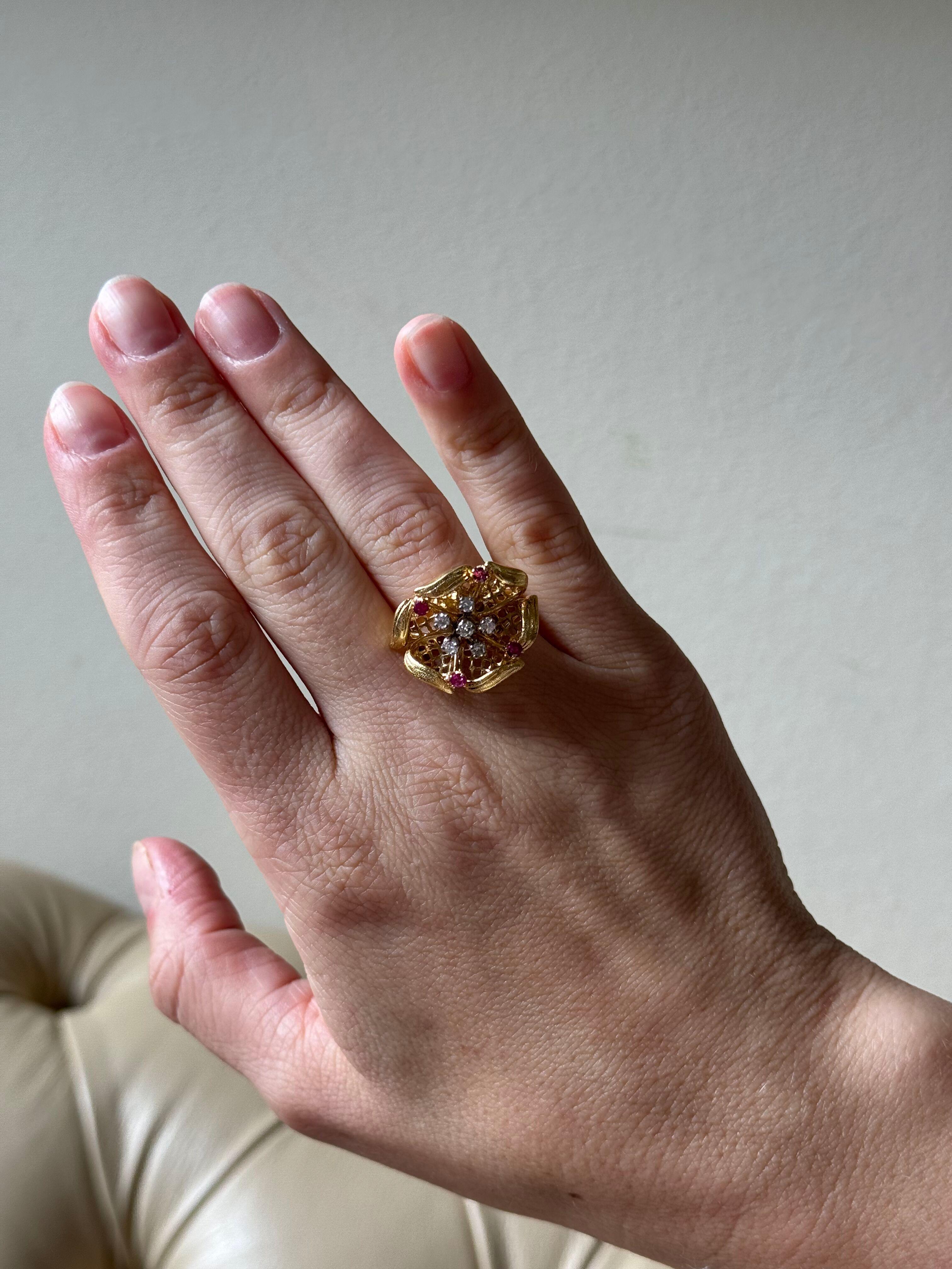 Diamant-Rubin-Gold-Blumenring im Angebot 2