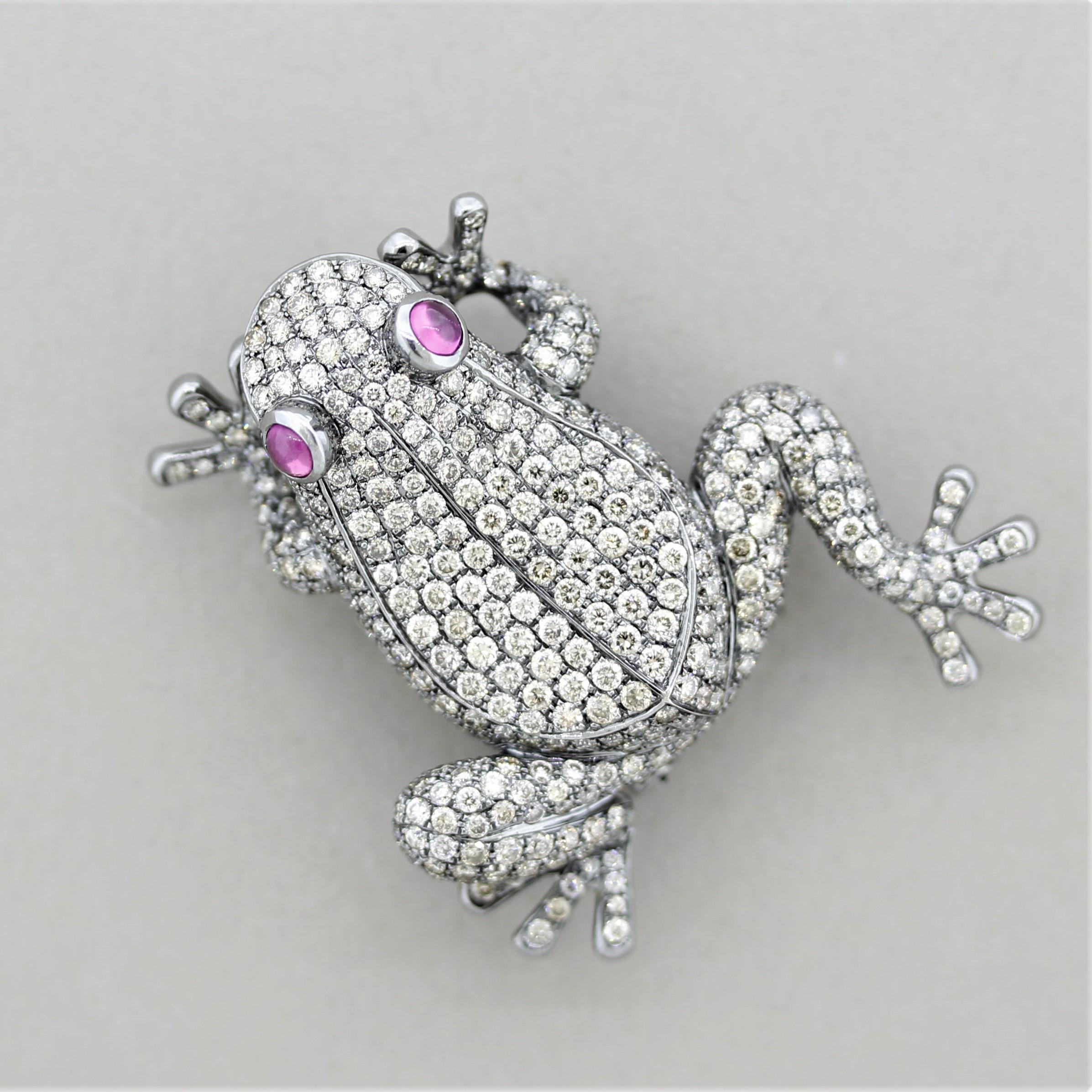 Round Cut Diamond Ruby Gold Frog Brooch For Sale