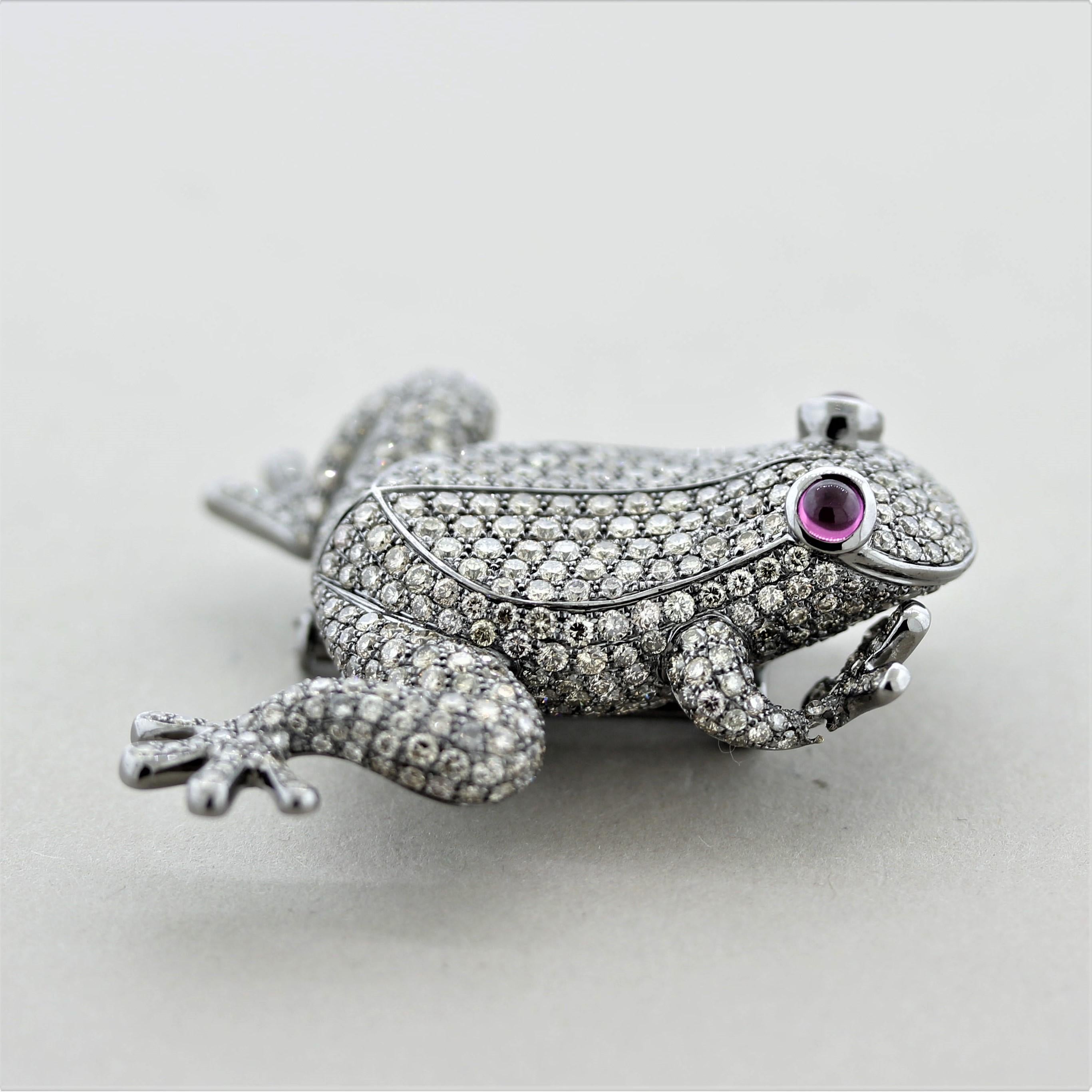 Women's or Men's Diamond Ruby Gold Frog Brooch For Sale