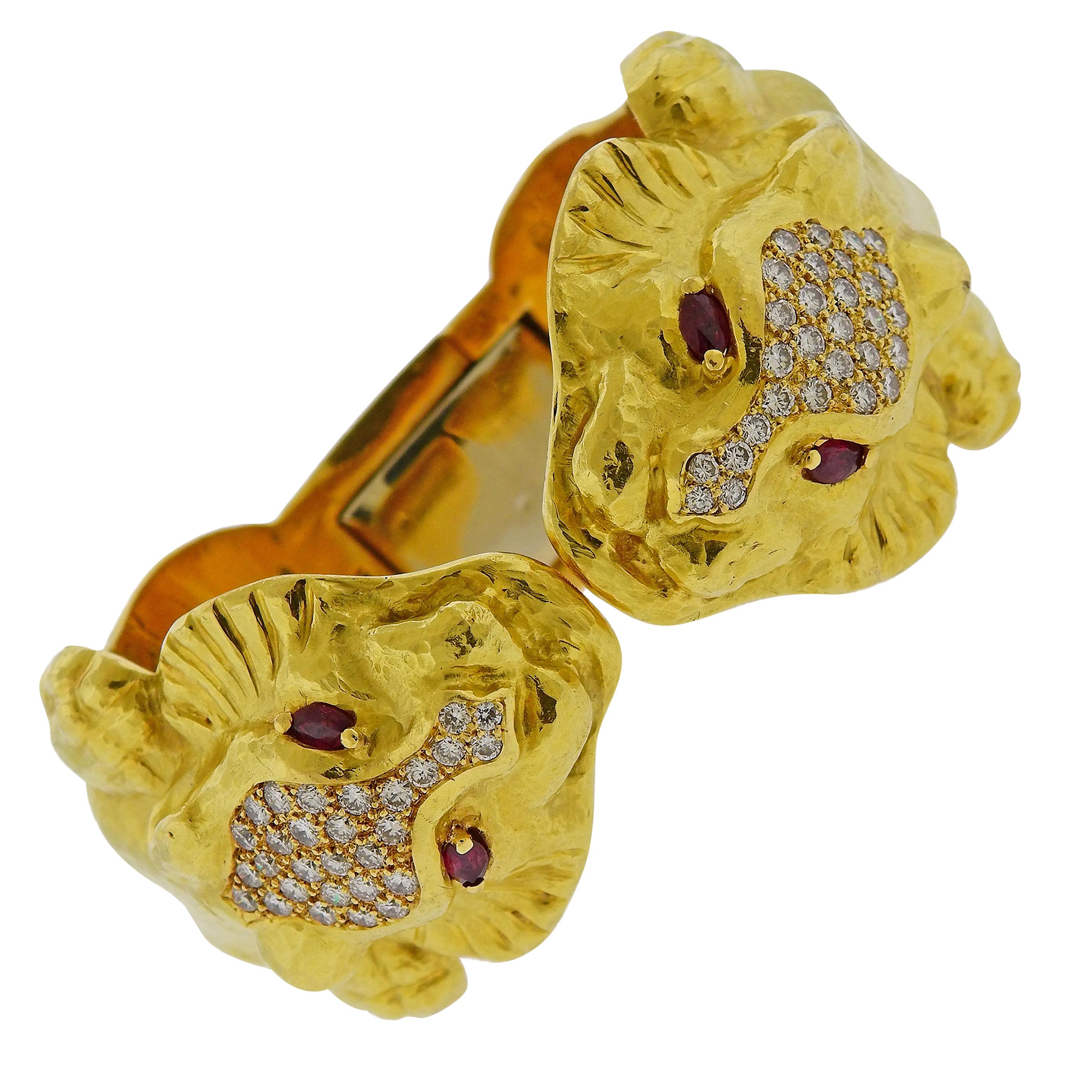 Diamond Ruby Gold Lion Head Bracelet at 1stDibs