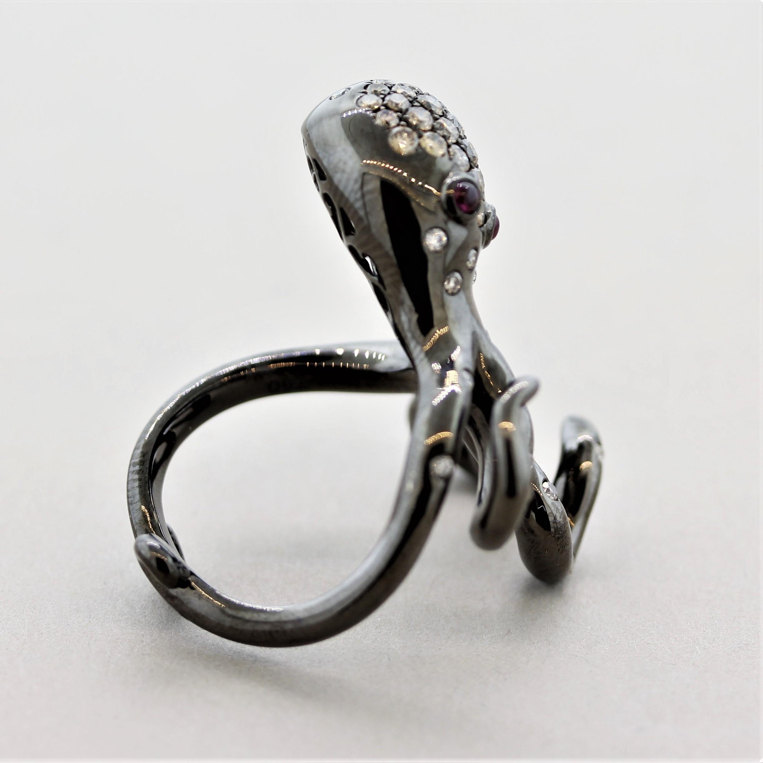 Diamond Ruby Gold & Rhodium Octopus Ring In New Condition For Sale In Beverly Hills, CA
