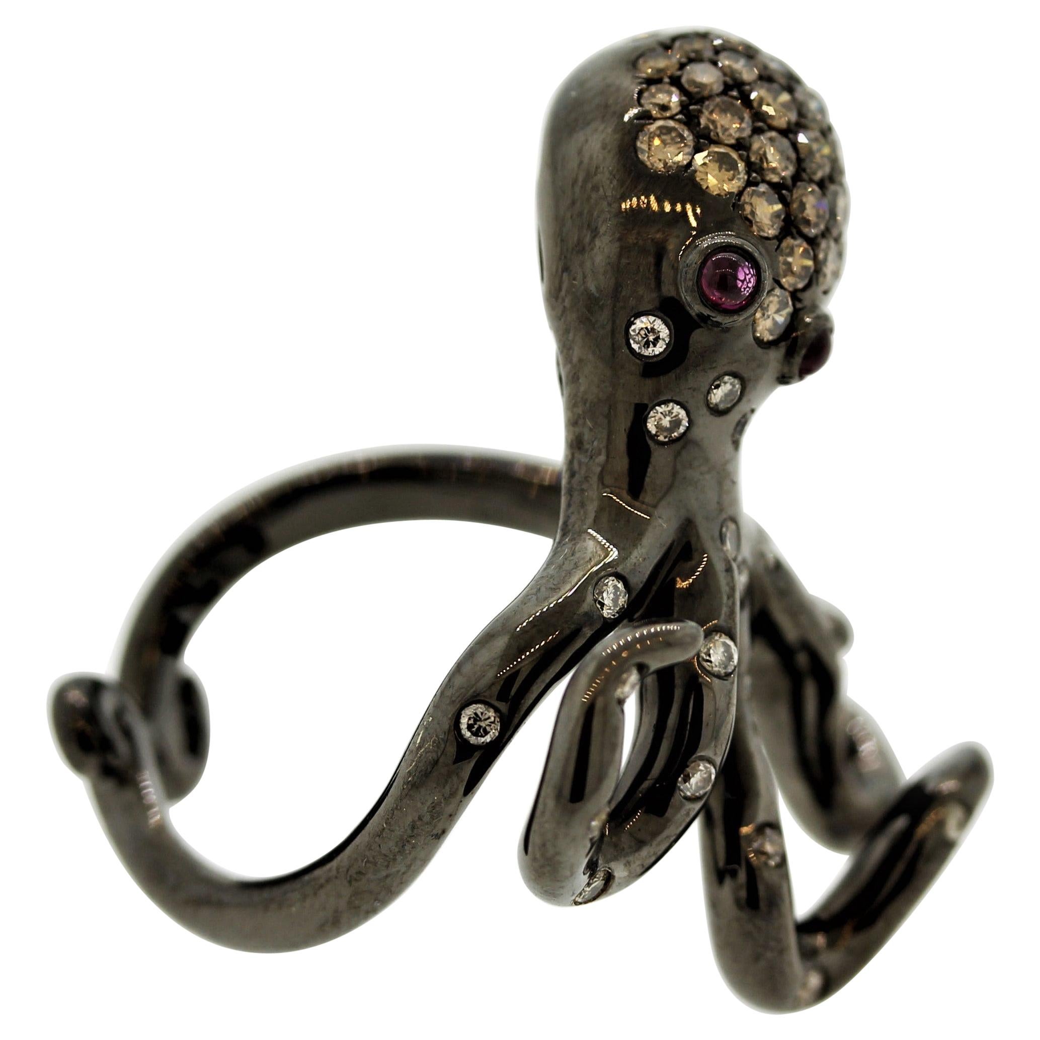 Diamond Ruby Gold & Rhodium Octopus Ring For Sale