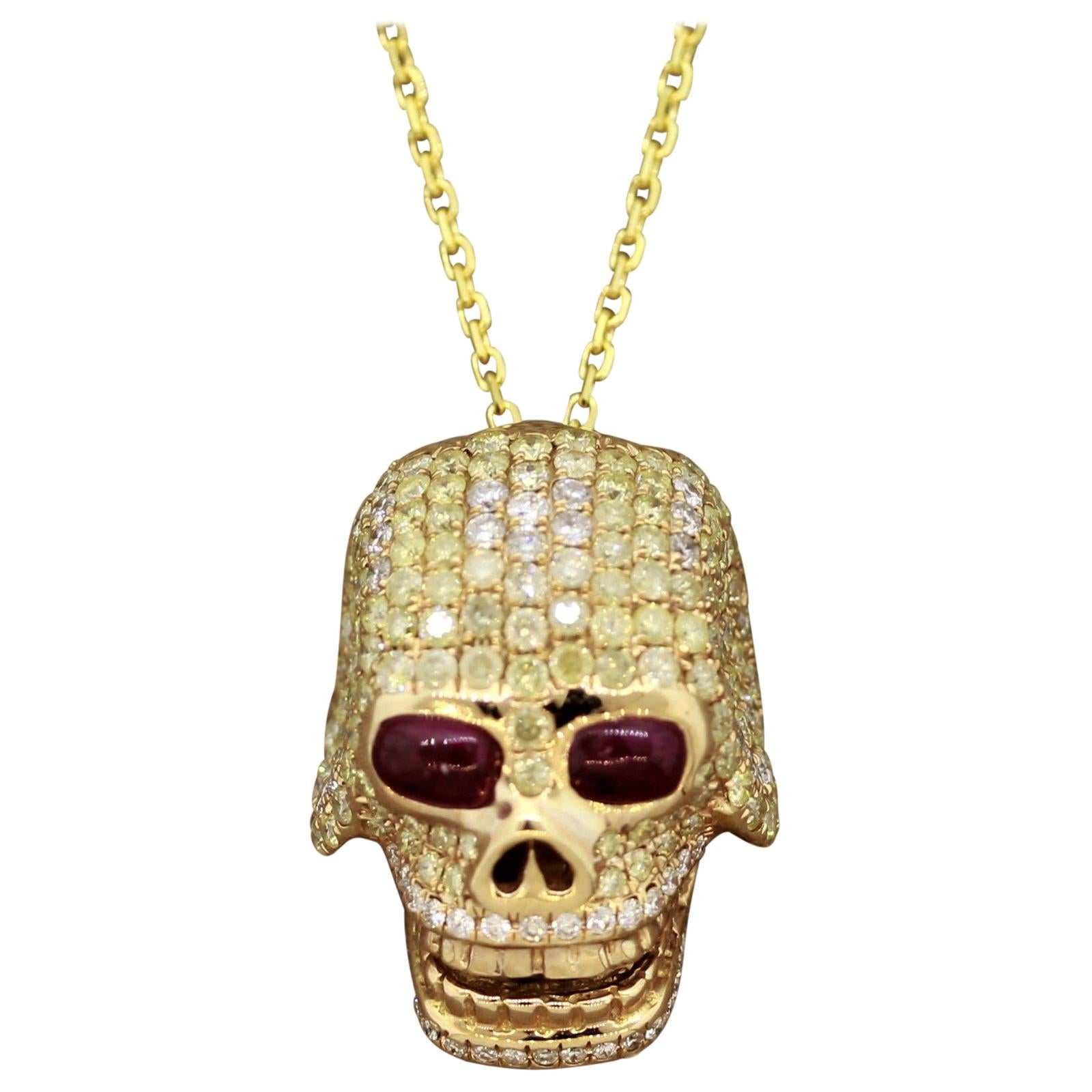 Diamond Ruby Gold Skull Pendant Necklace