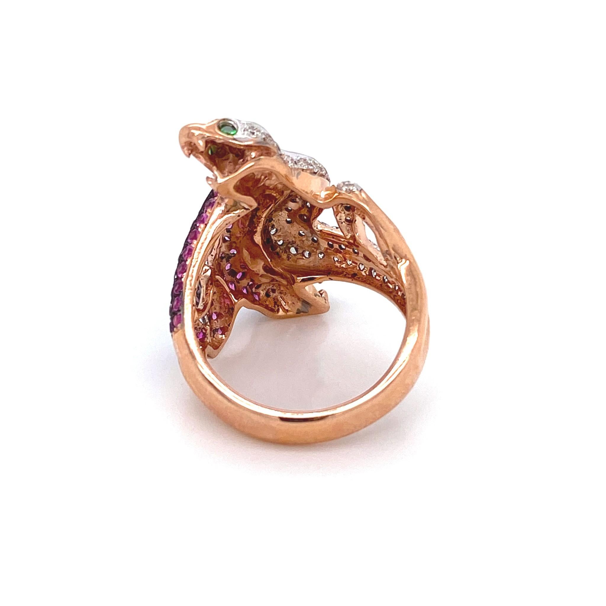 Women's Diamond Ruby & Green Garnet  18k Gold Two Snake Ring For Sale