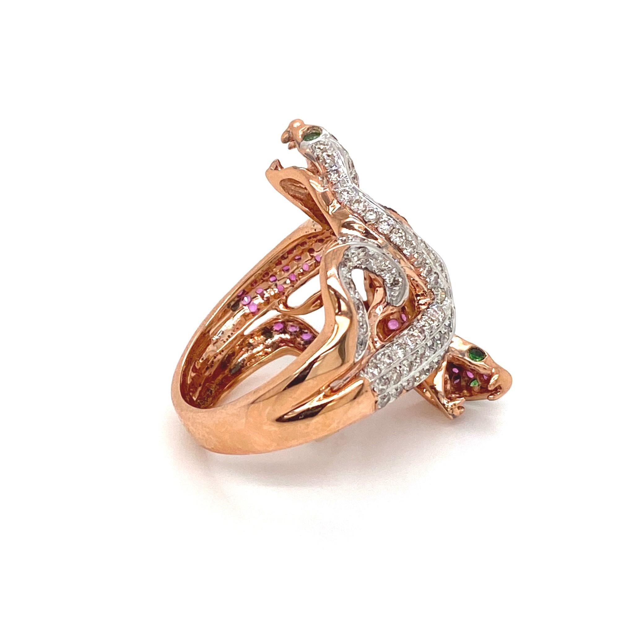 Diamond Ruby & Green Garnet  18k Gold Two Snake Ring For Sale 1