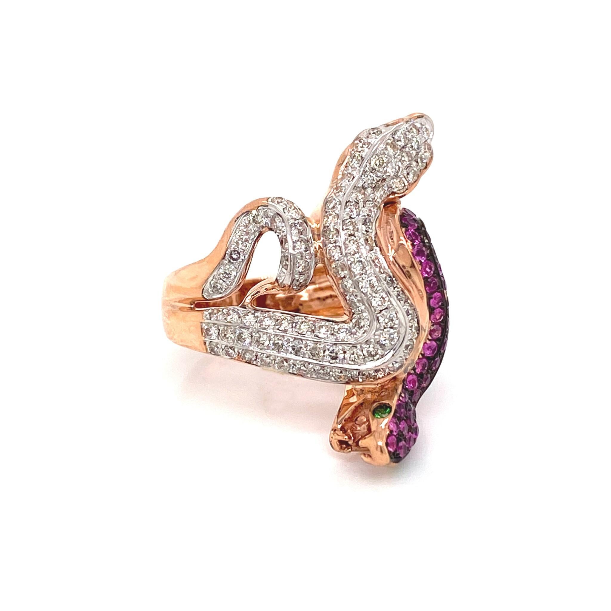 Diamond Ruby & Green Garnet  18k Gold Two Snake Ring For Sale 2