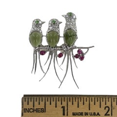 Diamond Ruby Green Tourmaline Three Bird 14 Karat White Gold Estate Brooch Pin