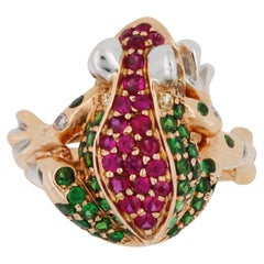 Diamond Ruby Green Tsavorite Lucky Frog Unique Animal Nature Fun Rose Gold Ring