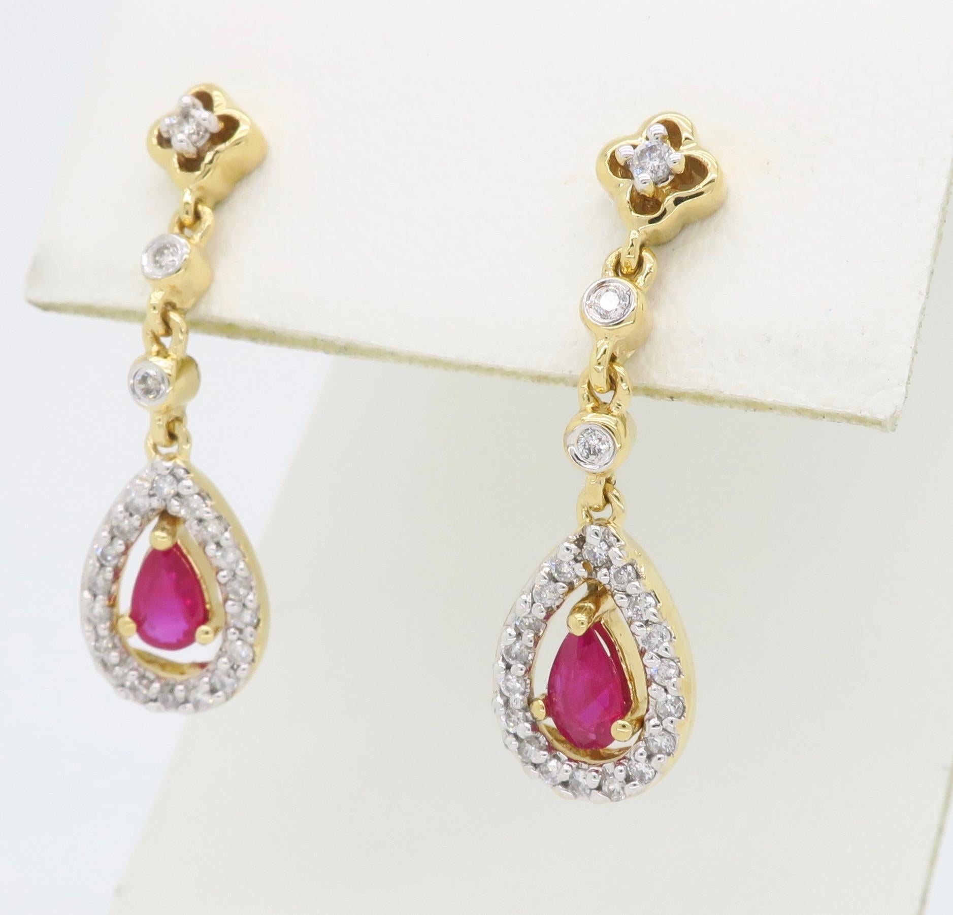 Diamond and Ruby Halo Drop Earrings In New Condition In Webster, NY