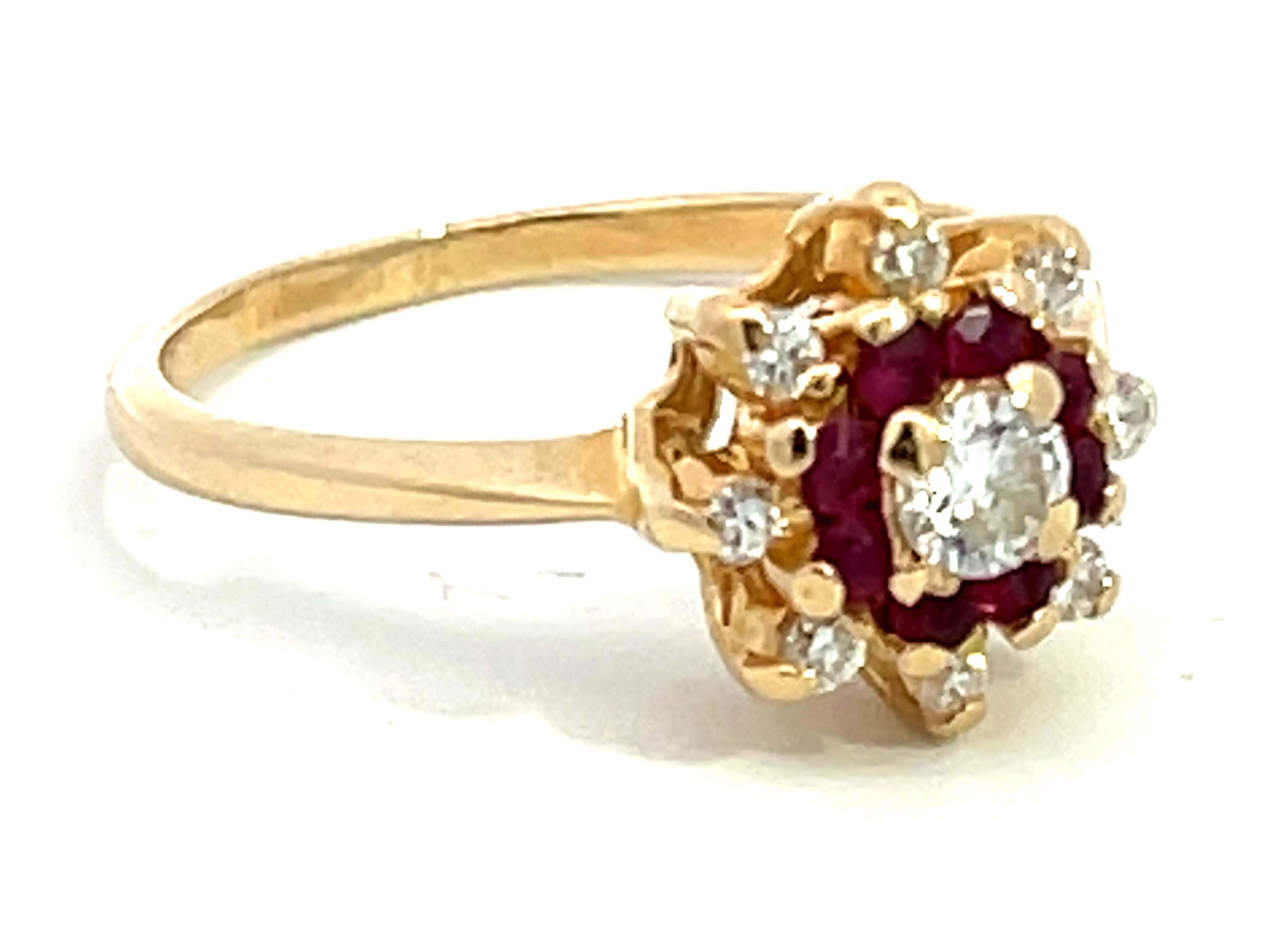 Modern Diamond Ruby Halo Flower Ring in 14k Yellow Gold For Sale