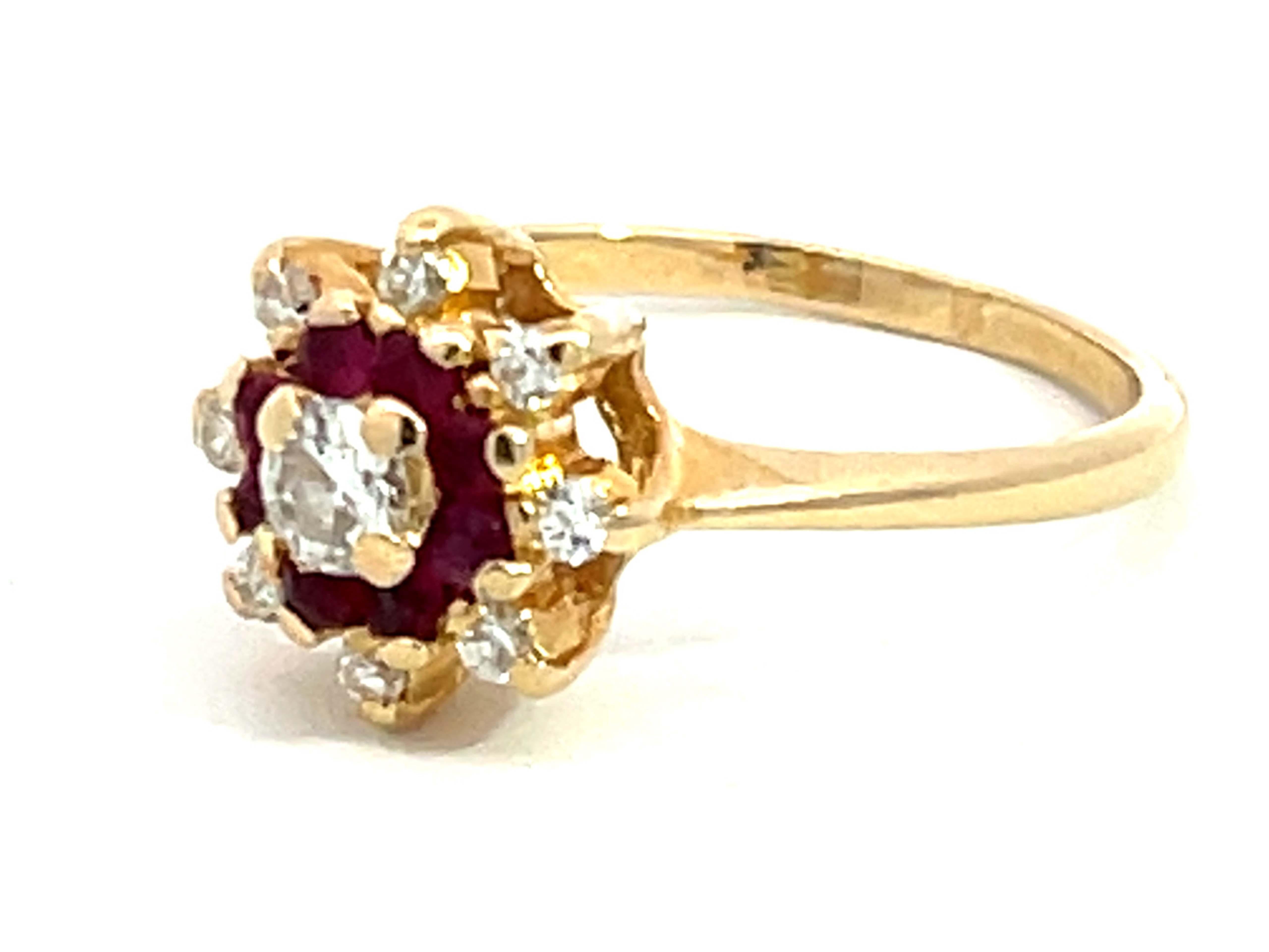 Round Cut Diamond Ruby Halo Flower Ring in 14k Yellow Gold For Sale