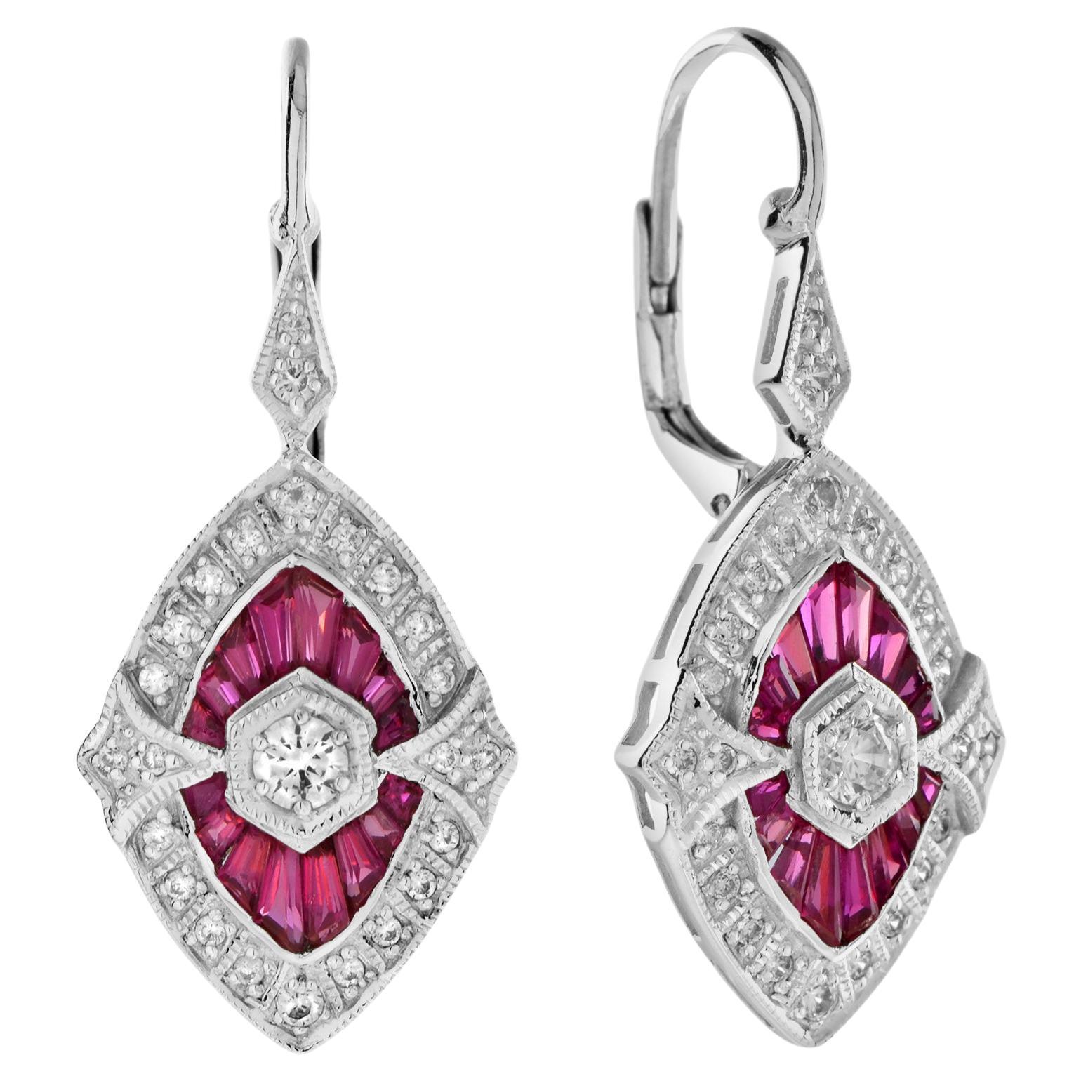Diamond & Ruby Halo Invisible Set Marquise Shape Drop 14K White Gold Earrings