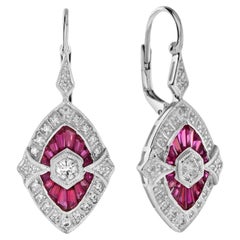 Diamond & Ruby Halo Invisible Set Marquise Shape Drop 14K White Gold Earrings