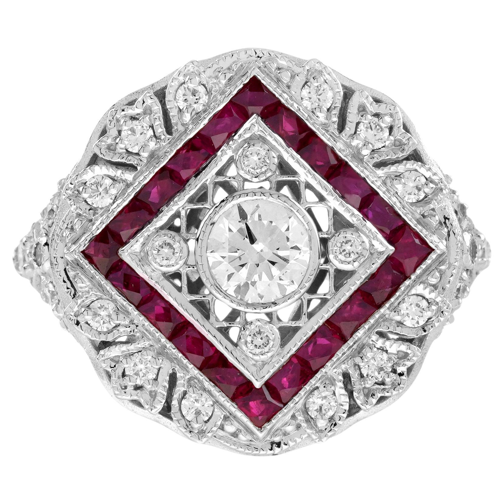 Anillo de oro blanco con halo de diamantes y rubíes inspirado en la época Art Decó