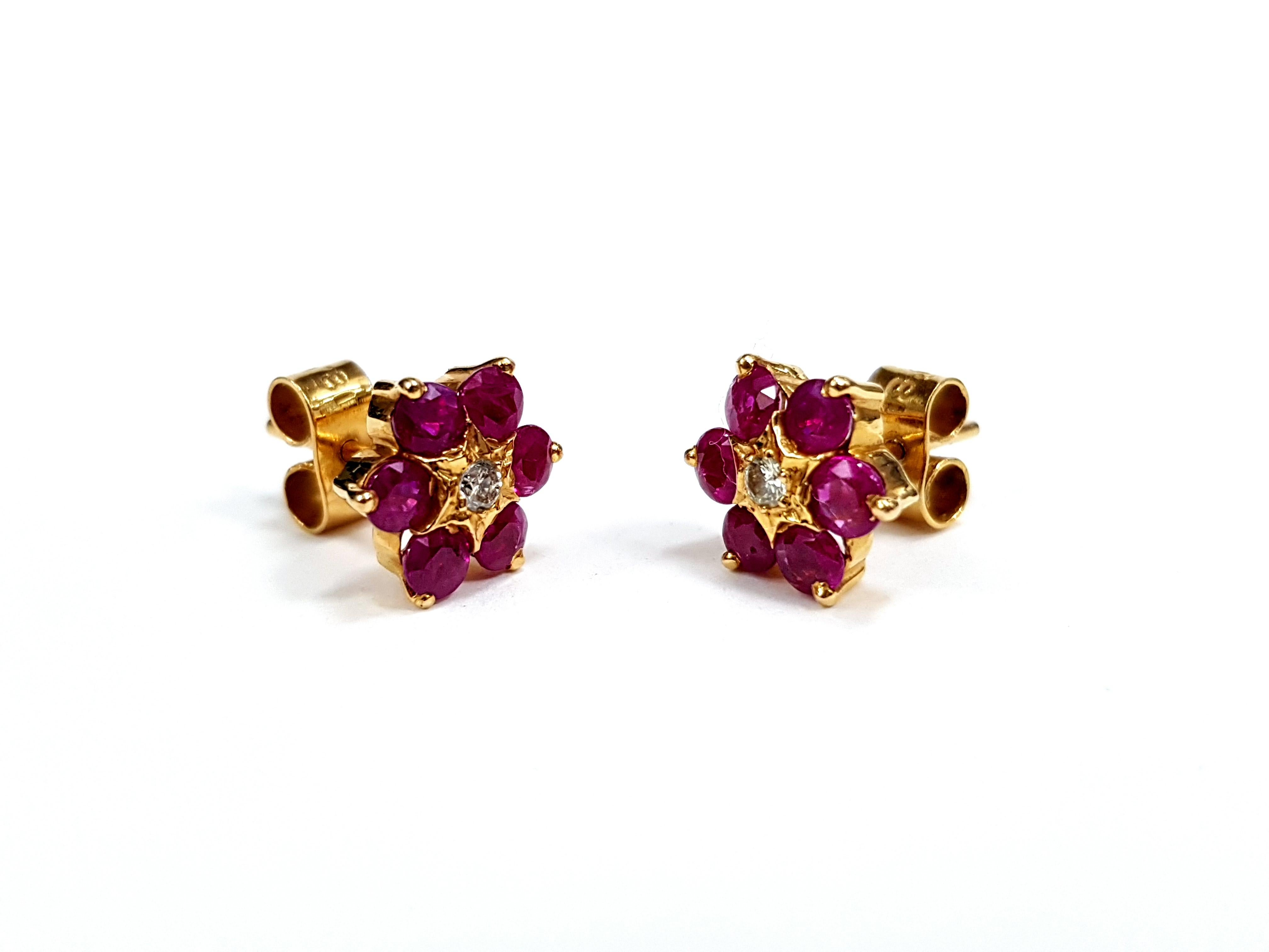 Round Cut Ruby Diamond Cluster Handmade Daisy Flower 18 Karat Gold Studs Artisan Earrings