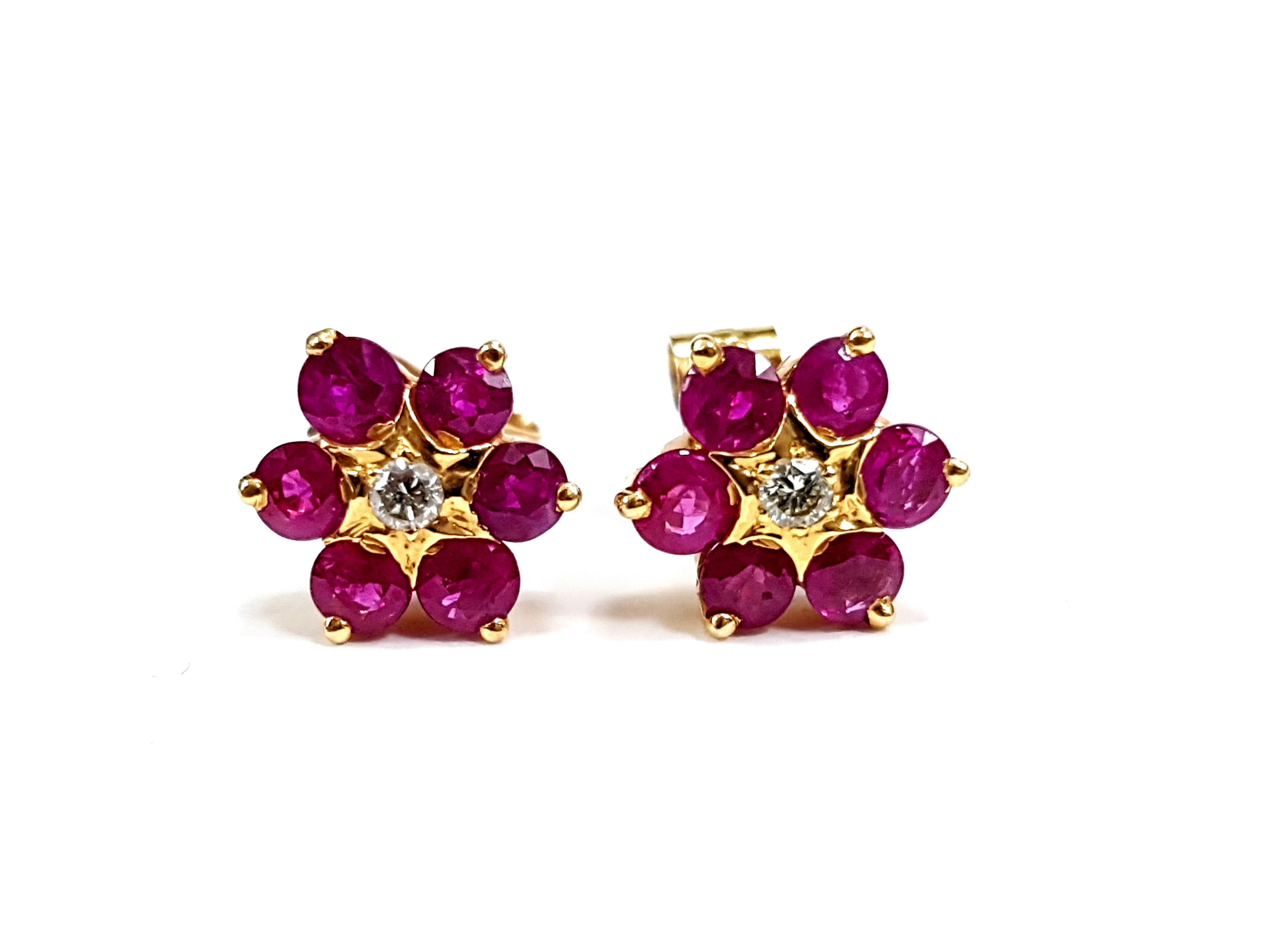Women's Ruby Diamond Cluster Handmade Daisy Flower 18 Karat Gold Studs Artisan Earrings