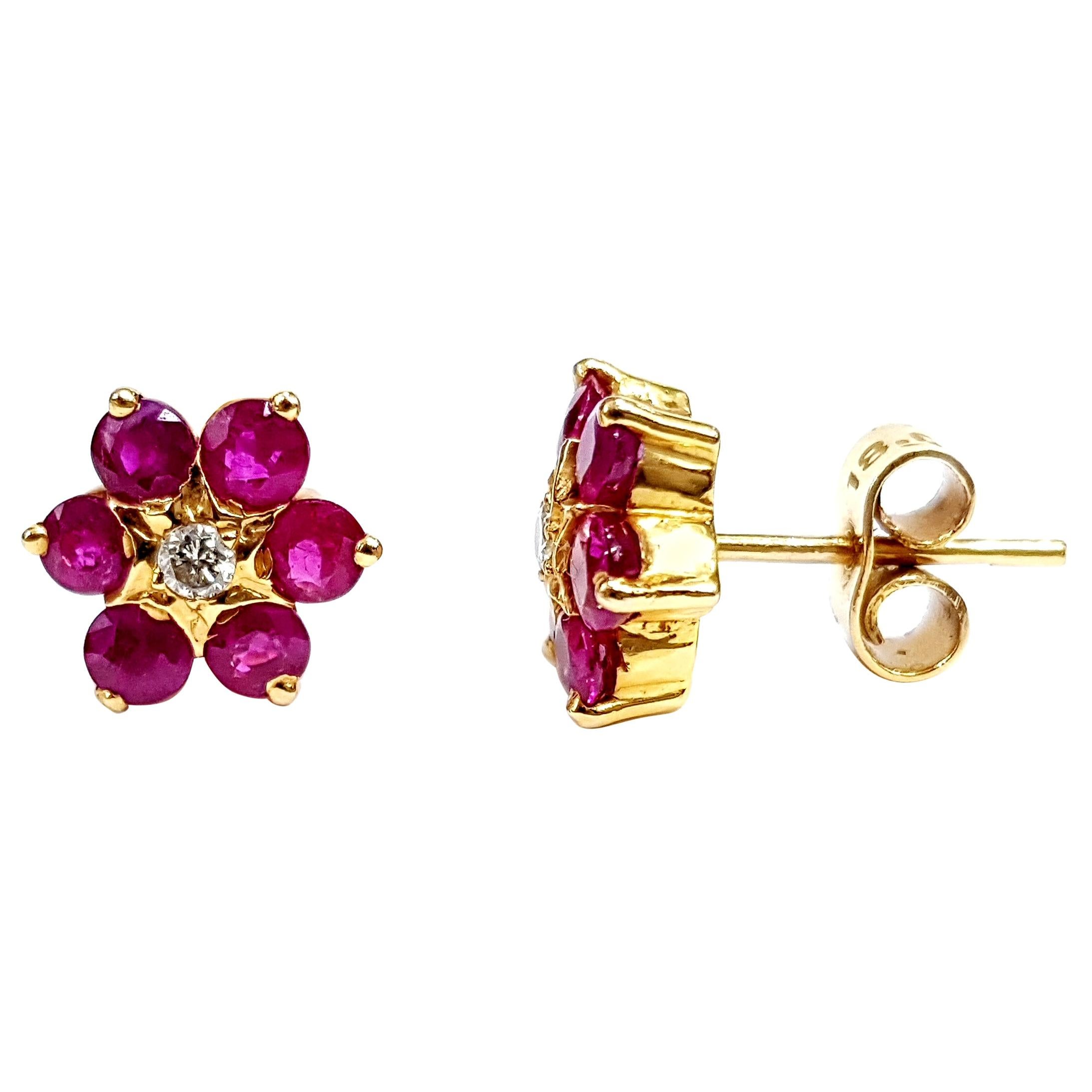 Ruby Diamond Cluster Handmade Daisy Flower 18 Karat Gold Studs Artisan Earrings