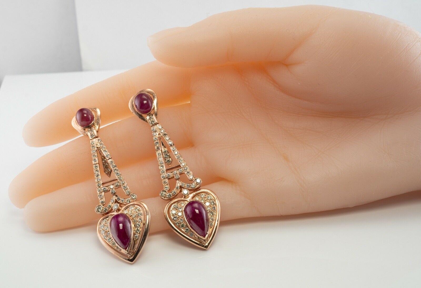 Diamond Ruby Heart Earrings 18K Rose Gold Dangle Drop For Sale 3