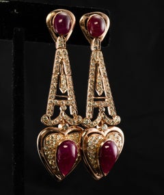Diamond Ruby Heart Earrings 18K Rose Gold Dangle Drop