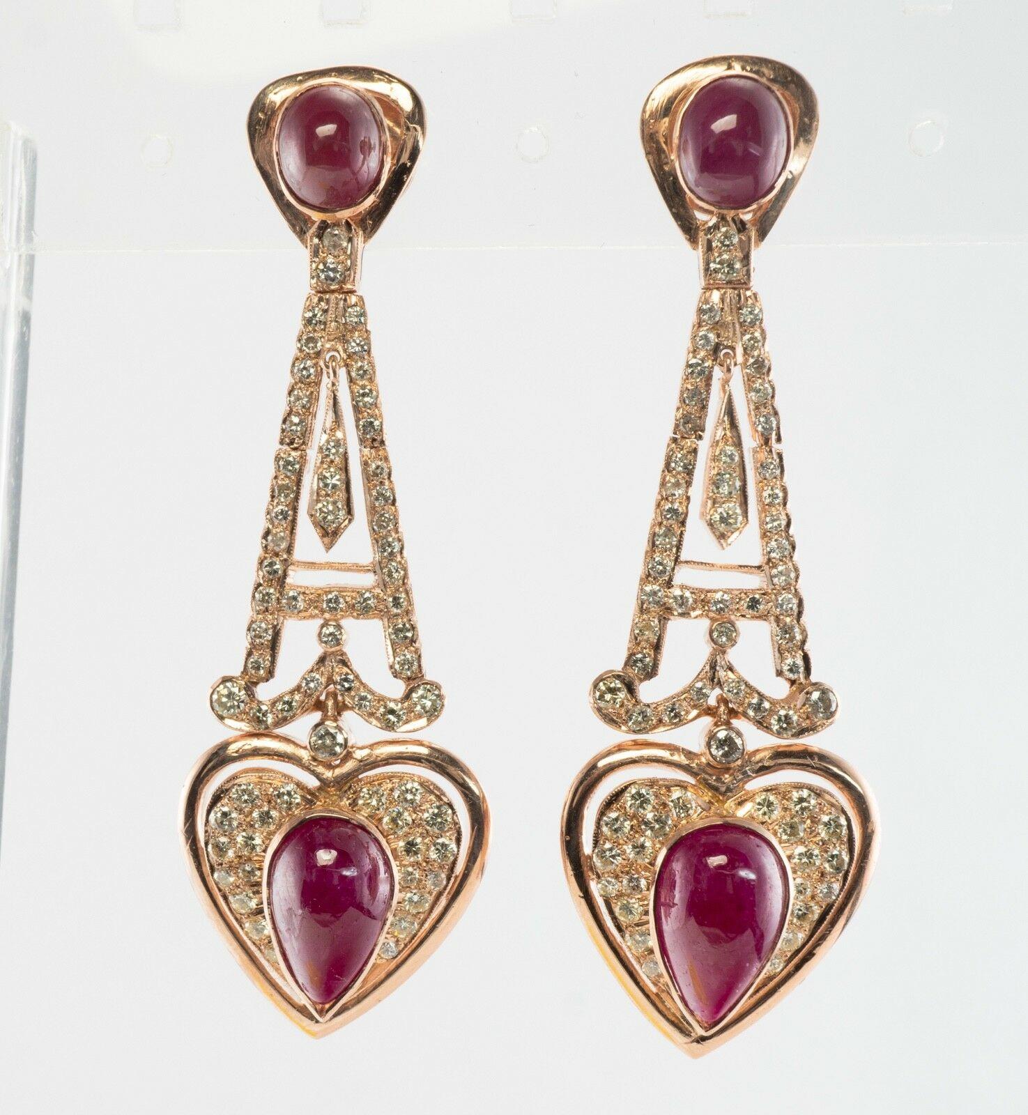 Cabochon Diamond Ruby Heart Earrings 18K Rose Gold Dangle Drop For Sale