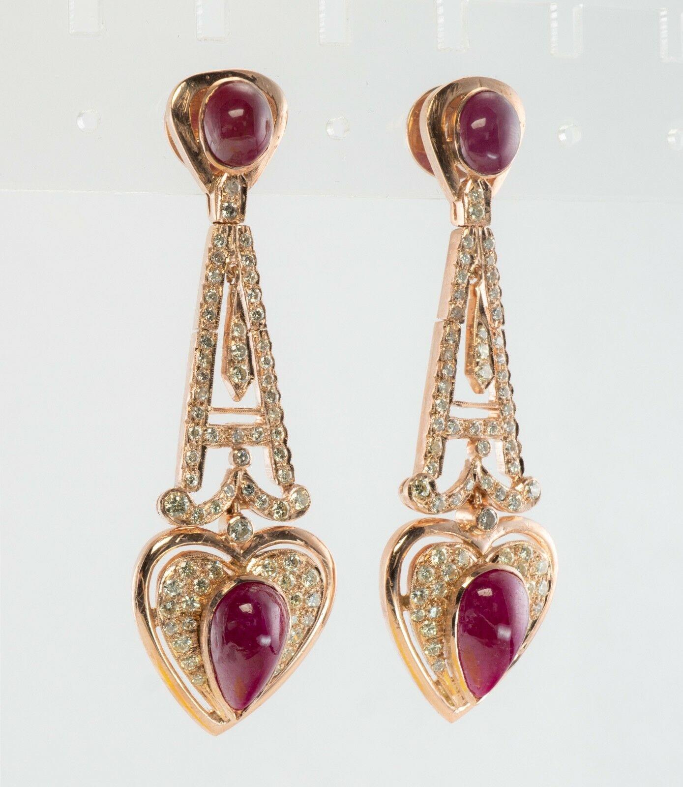Women's Diamond Ruby Heart Earrings 18K Rose Gold Dangle Drop For Sale
