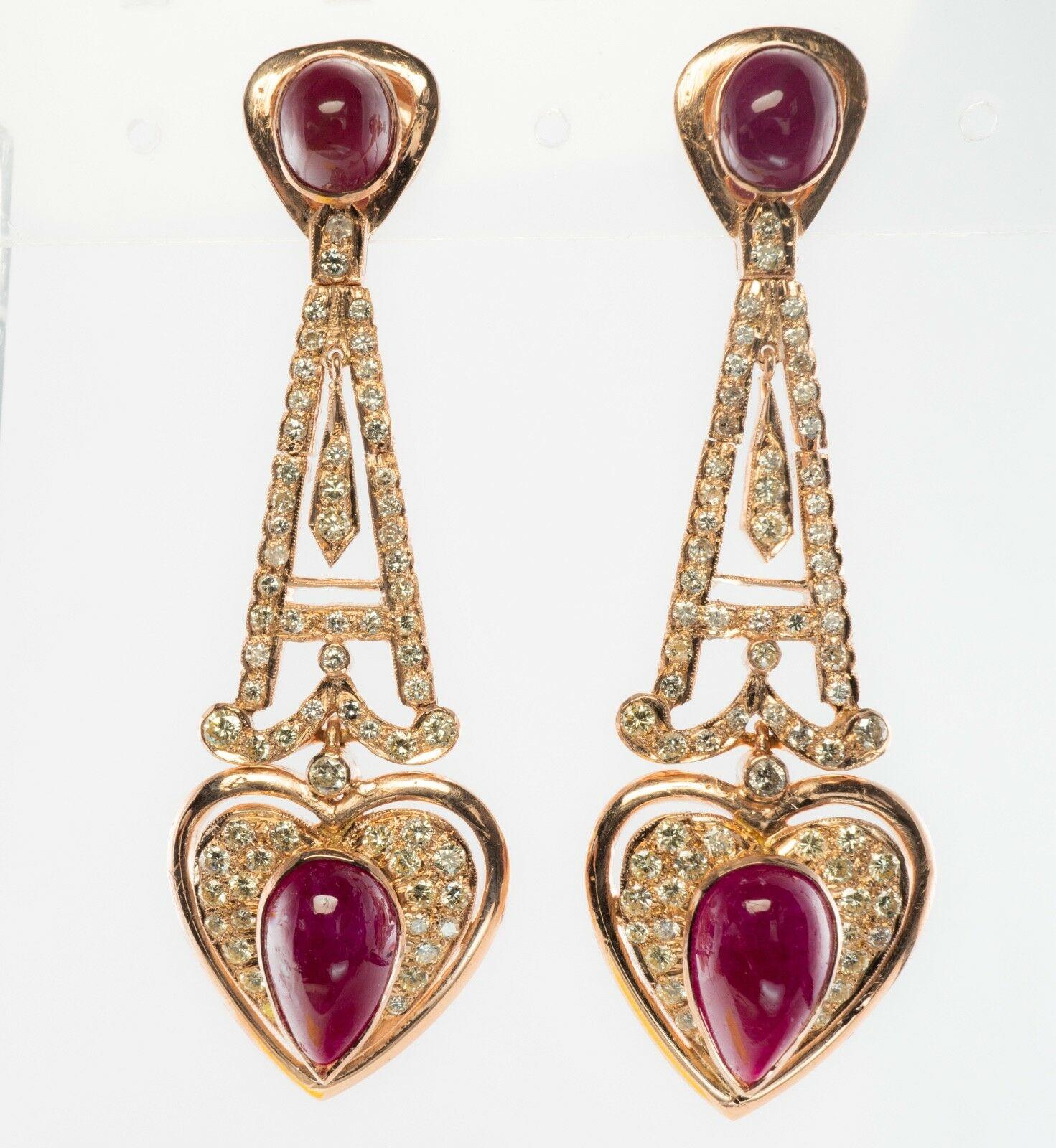 Diamond Ruby Heart Earrings 18K Rose Gold Dangle Drop For Sale 1