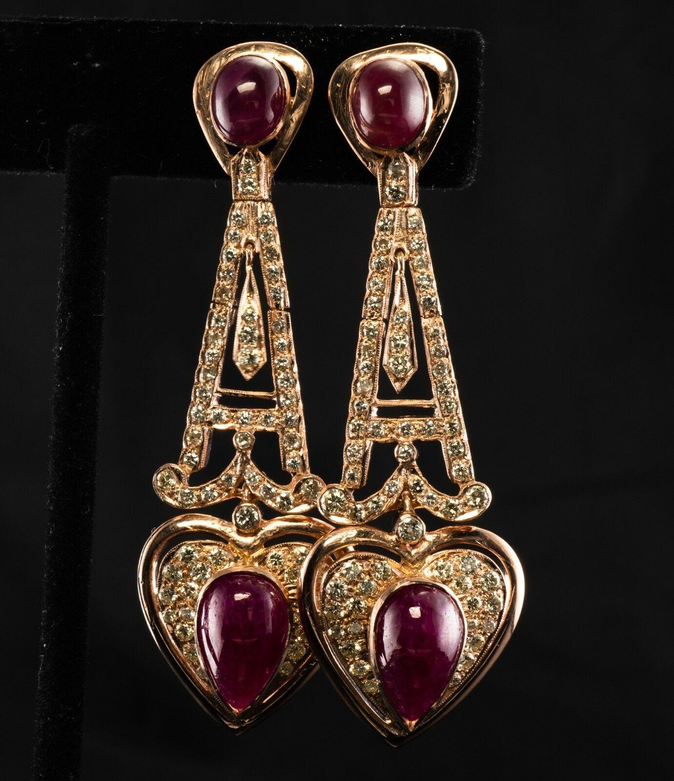 Diamond Ruby Heart Earrings 18K Rose Gold Dangle Drop For Sale 2
