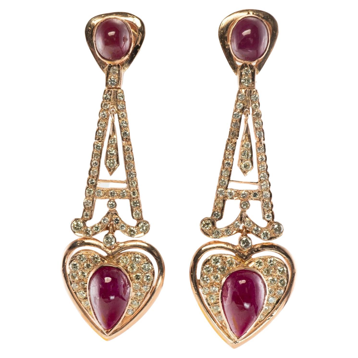 Diamond Ruby Heart Earrings 18K Rose Gold Dangle Drop