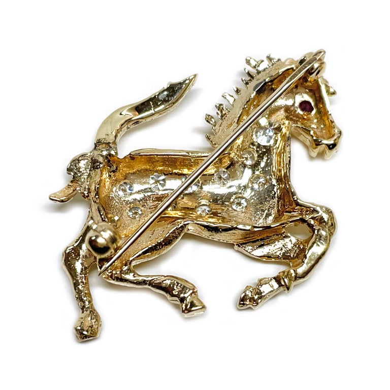 Round Cut Diamond Ruby Horse Brooch/Pin For Sale