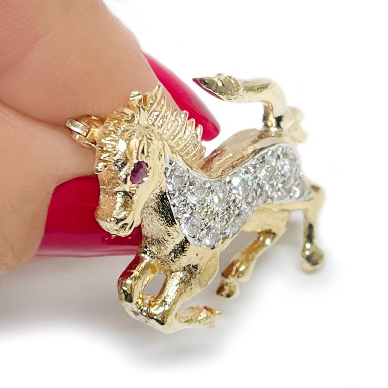 Diamond Ruby Horse Brooch/Pin In Good Condition For Sale In Palm Desert, CA