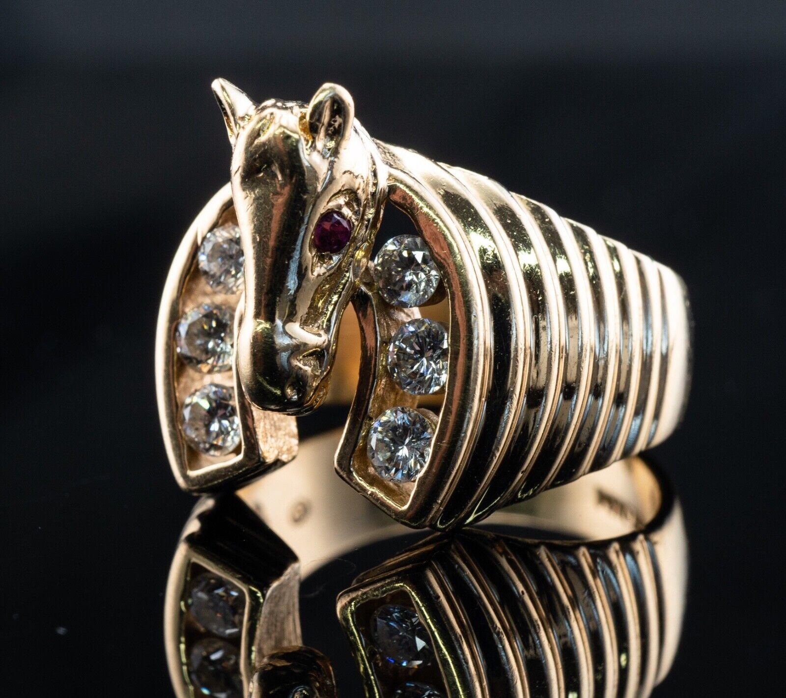 Round Cut Diamond Ruby Horse Ring 14K Gold Horseshoe Band Vintage For Sale