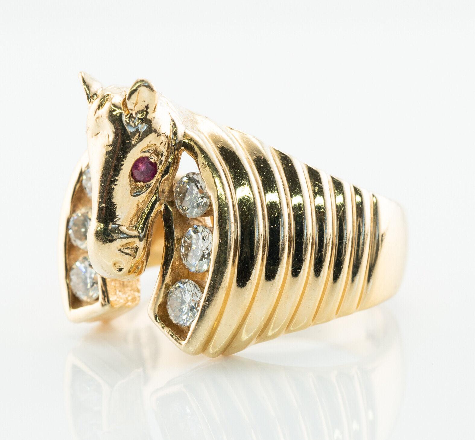 Women's or Men's Diamond Ruby Horse Ring 14K Gold Horseshoe Band Vintage For Sale