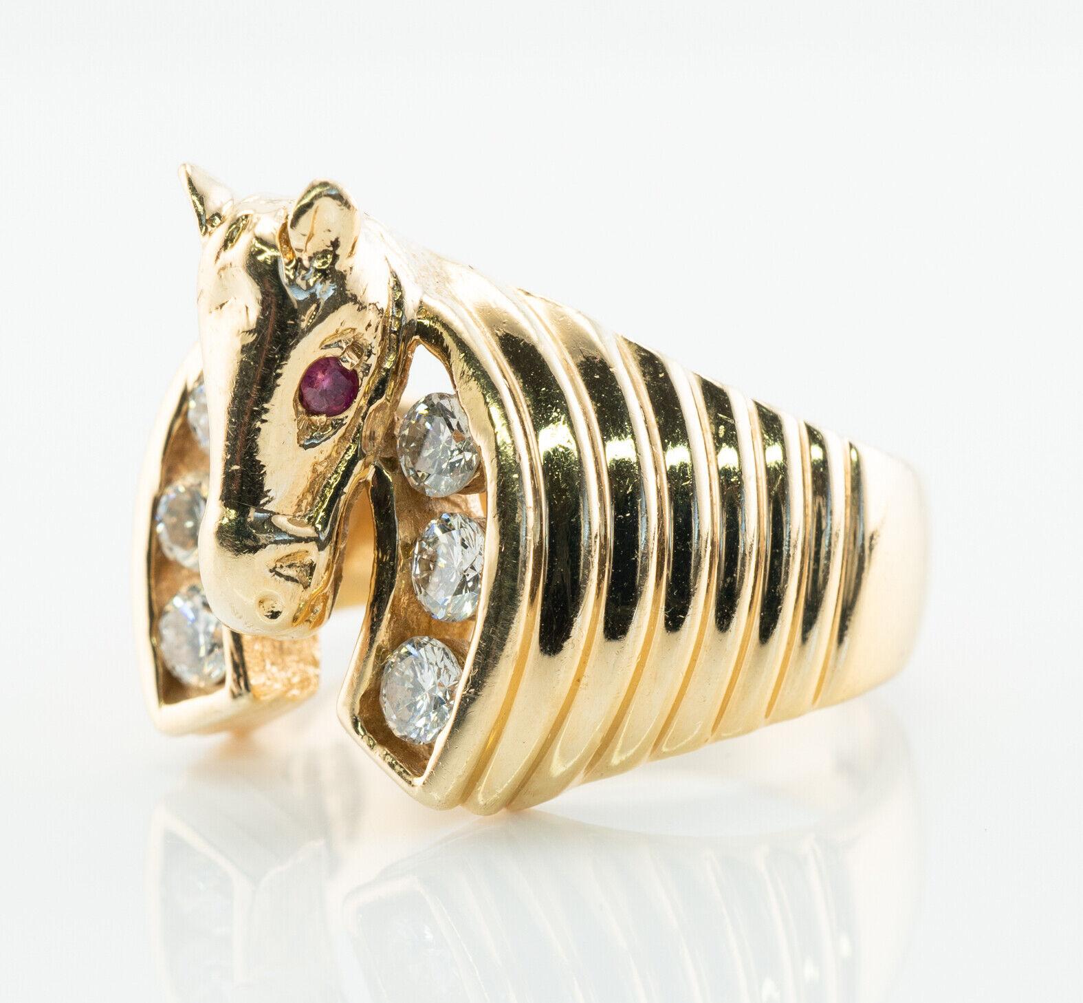 Anillo Caballo Diamante Rubí Oro 14K Anillo Herradura Vintage Corte redondo en venta