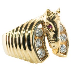 Diamond Ruby Horse Ring 14K Gold Horseshoe Band Vintage