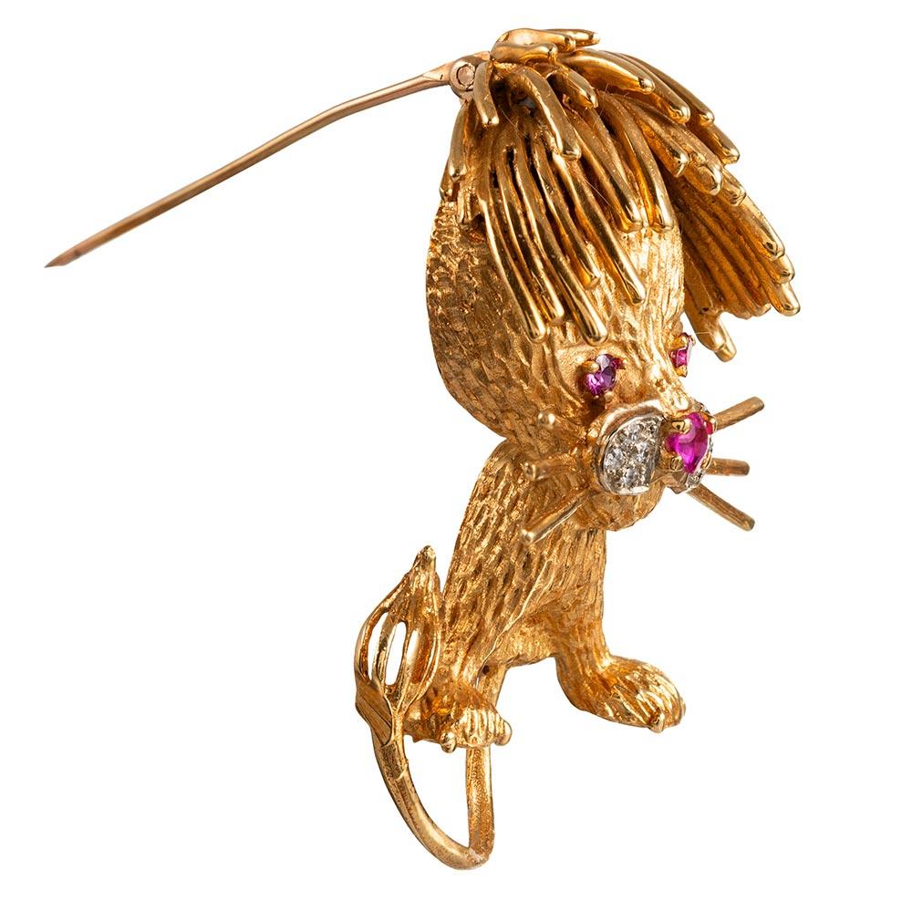 Women's or Men's Diamond and Ruby Lion or Leo Brooch